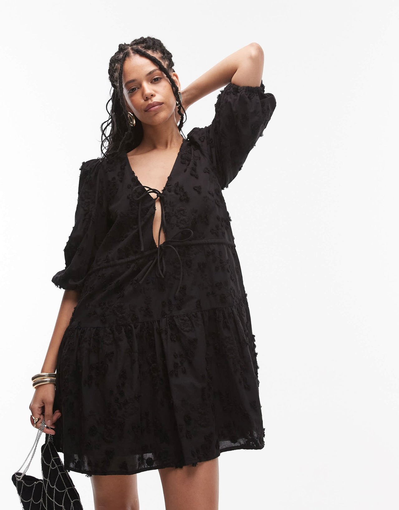 & Other Stories embroidered mini dress with front tie detail and tiered hem in black - ASOS Sample Sale