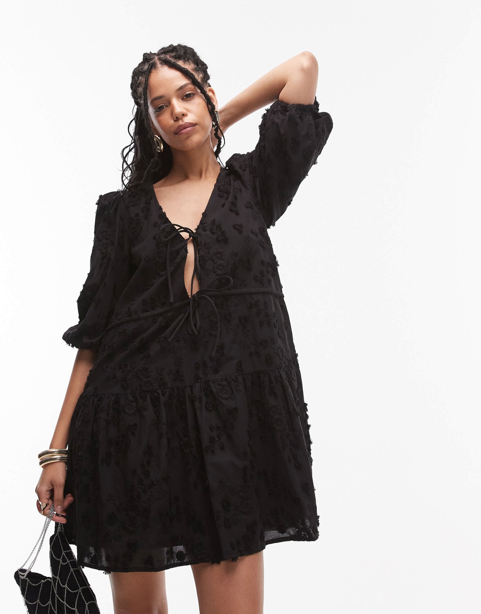 & Other Stories embroidered mini dress with front tie detail and tiered hem in black - ASOS Sample Sale
