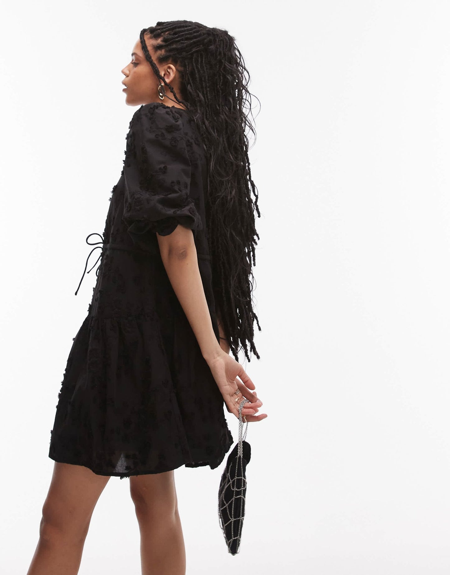 & Other Stories embroidered mini dress with front tie detail and tiered hem in black - ASOS Sample Sale