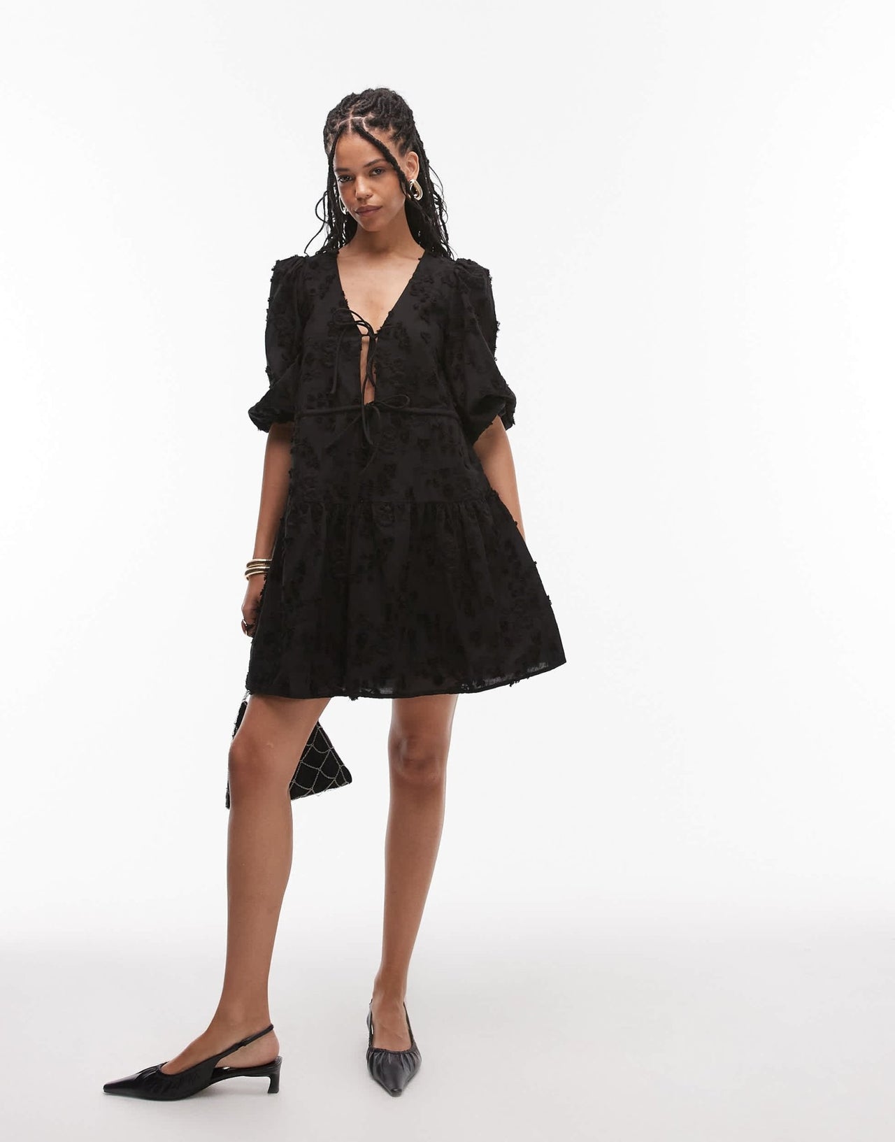 & Other Stories embroidered mini dress with front tie detail and tiered hem in black - ASOS Sample Sale