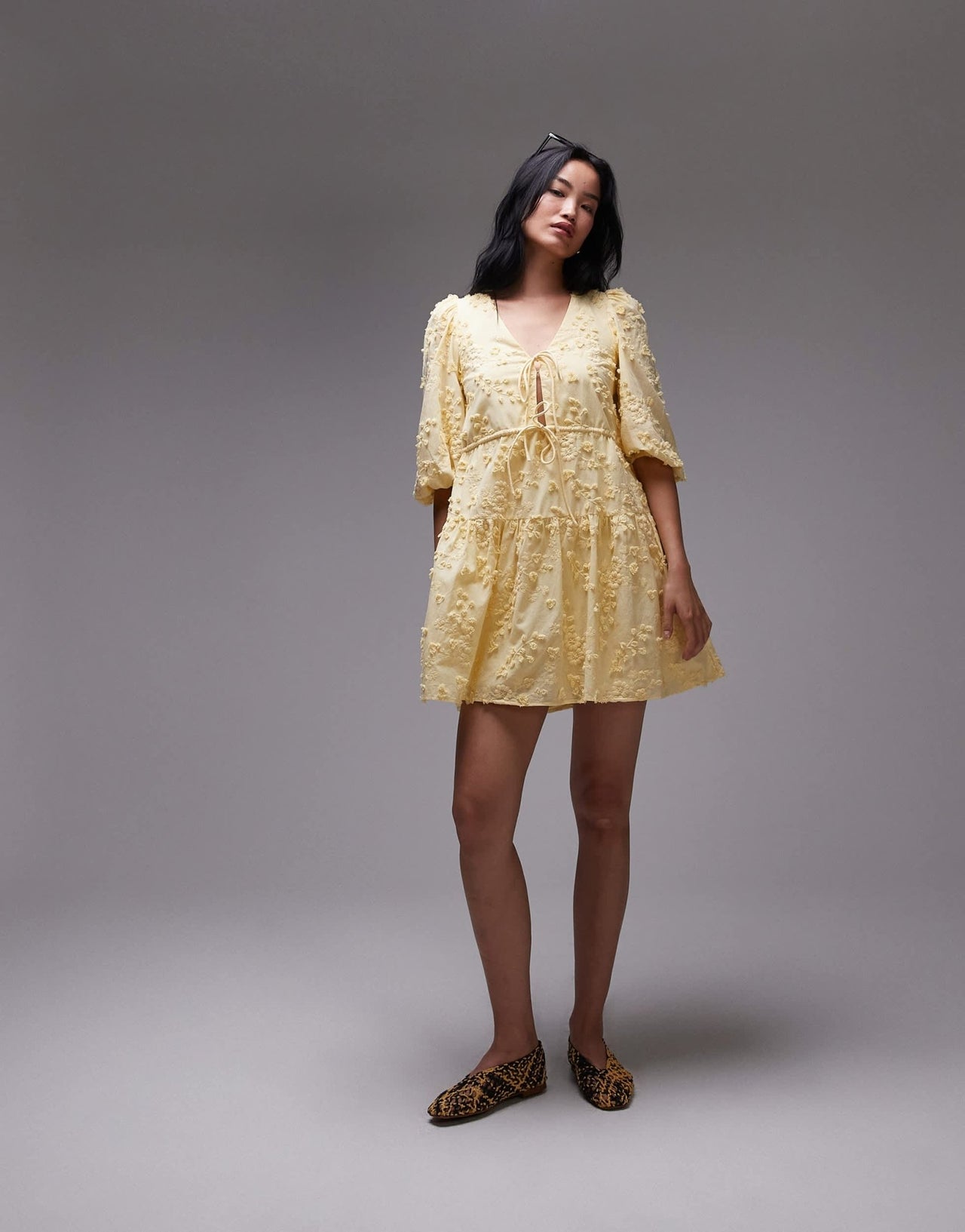 & Other Stories embroidered mini dress with front tie detail and tiered hem in yellow - ASOS Sample Sale