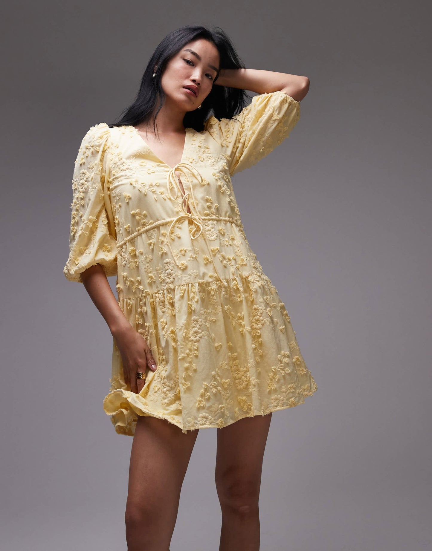 & Other Stories embroidered mini dress with front tie detail and tiered hem in yellow - ASOS Sample Sale