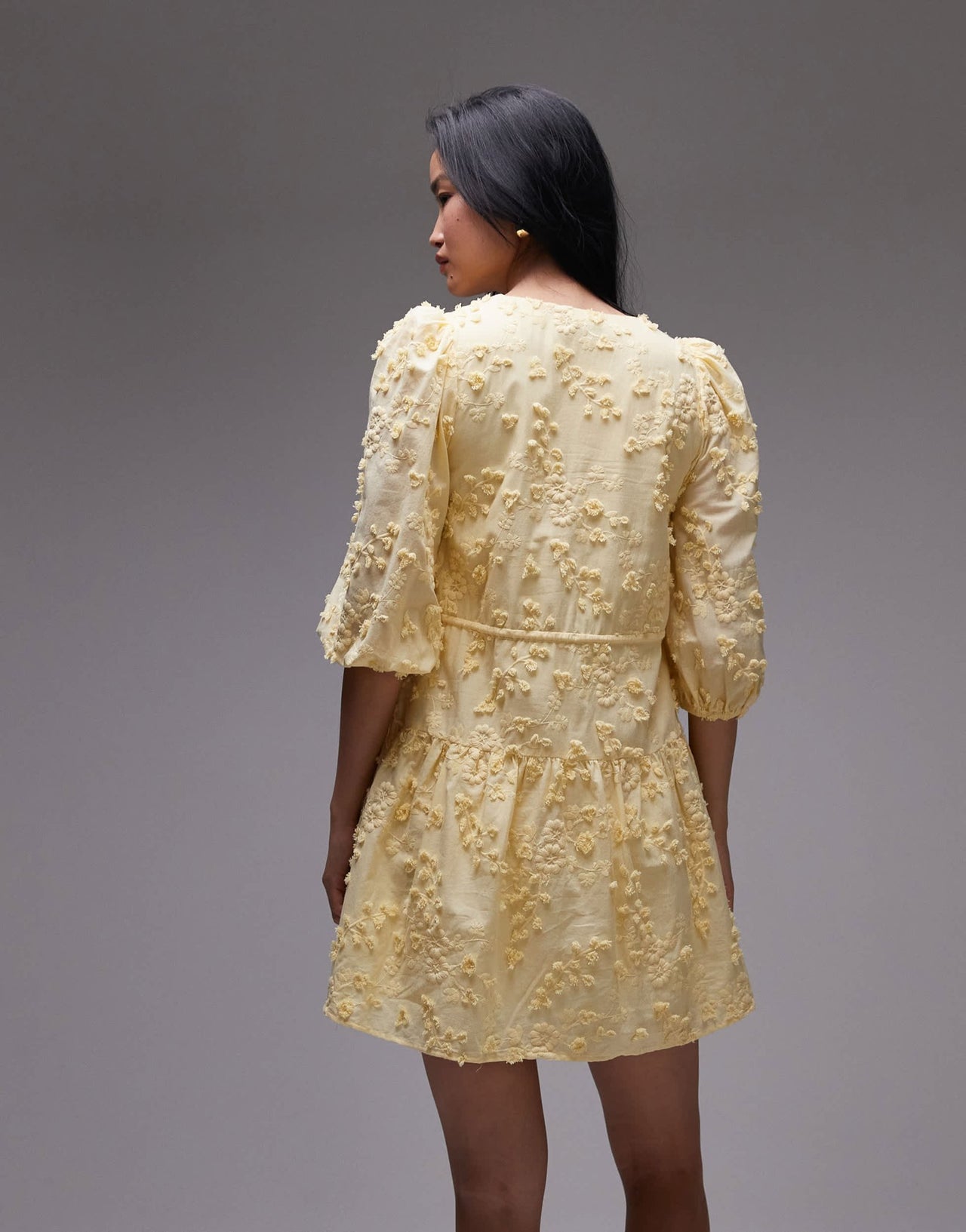 & Other Stories embroidered mini dress with front tie detail and tiered hem in yellow - ASOS Sample Sale