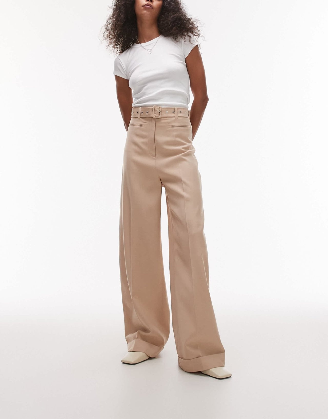 & Other Stories fluid wide leg trousers with eyelet belt in beige - ASOS Sample Sale