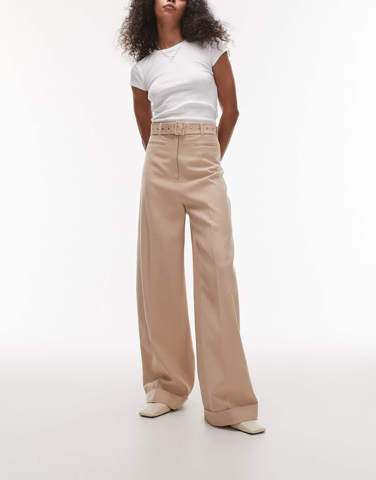& Other Stories fluid wide leg trousers with eyelet belt in beige - ASOS Sample Sale