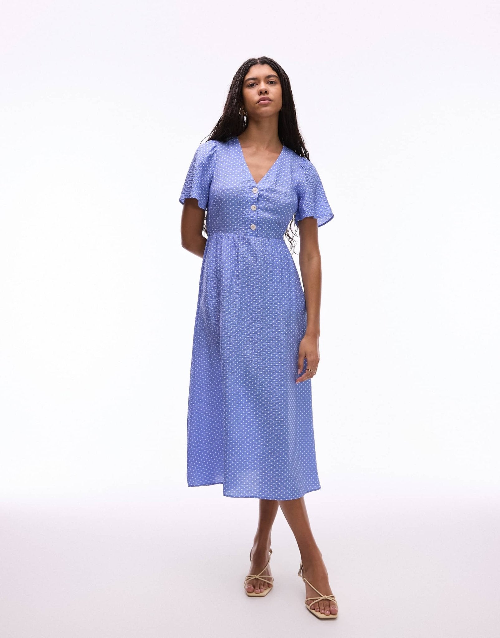 & Other Stories flutter sleeve midaxi dress in blue and white spot print - ASOS Sample Sale