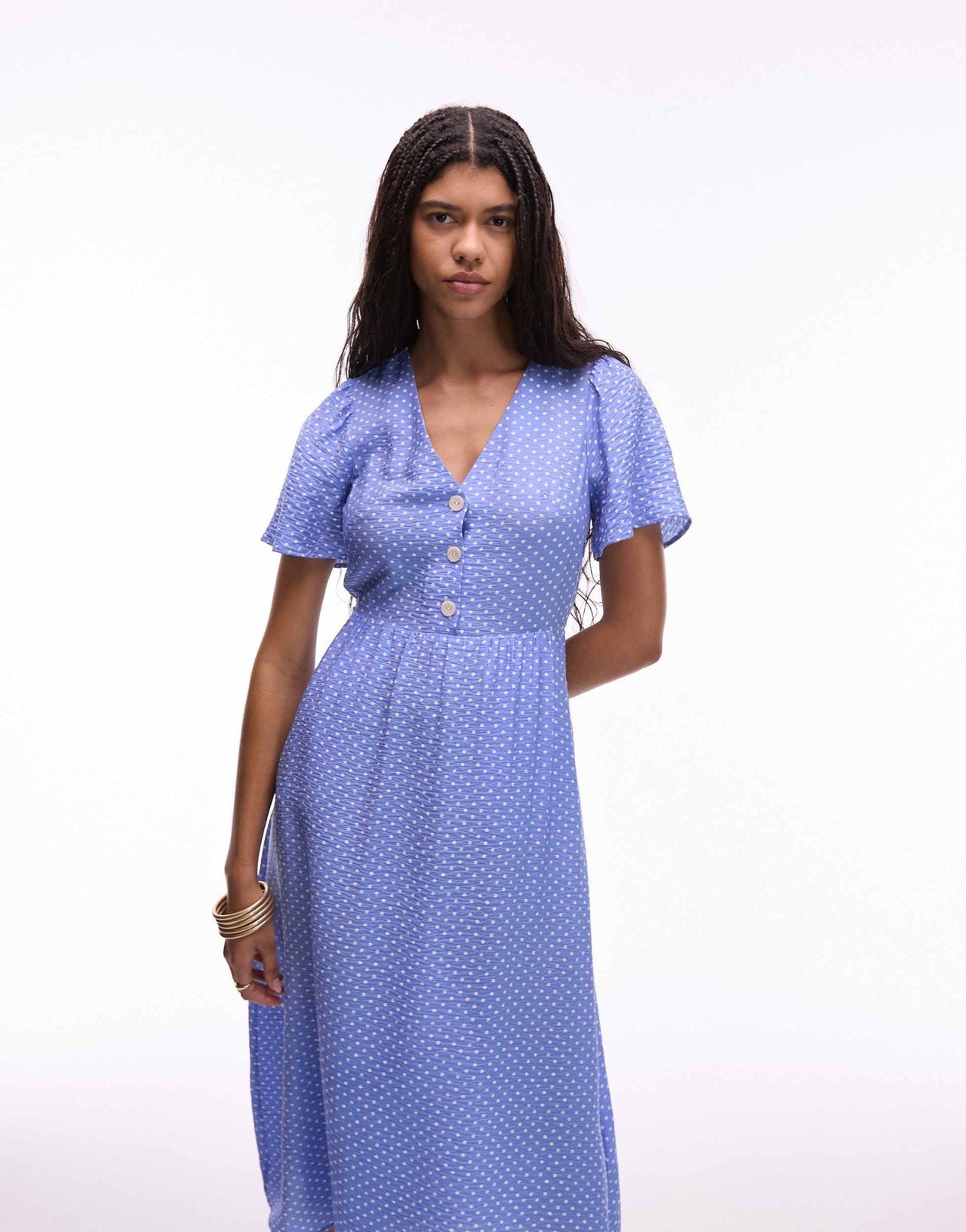 & Other Stories flutter sleeve midaxi dress in blue and white spot print - ASOS Sample Sale