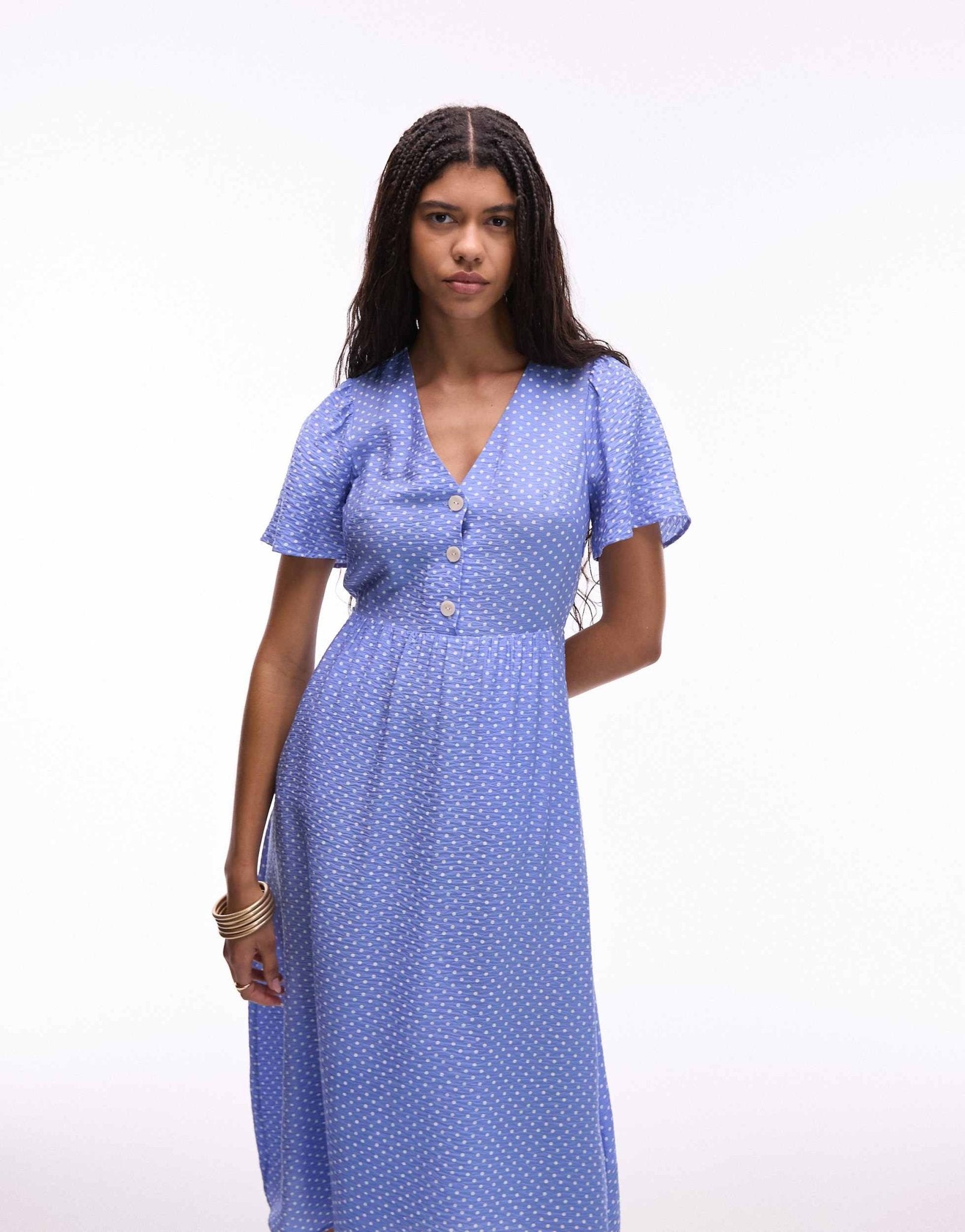 & Other Stories flutter sleeve midaxi dress in blue and white spot print - ASOS Sample Sale