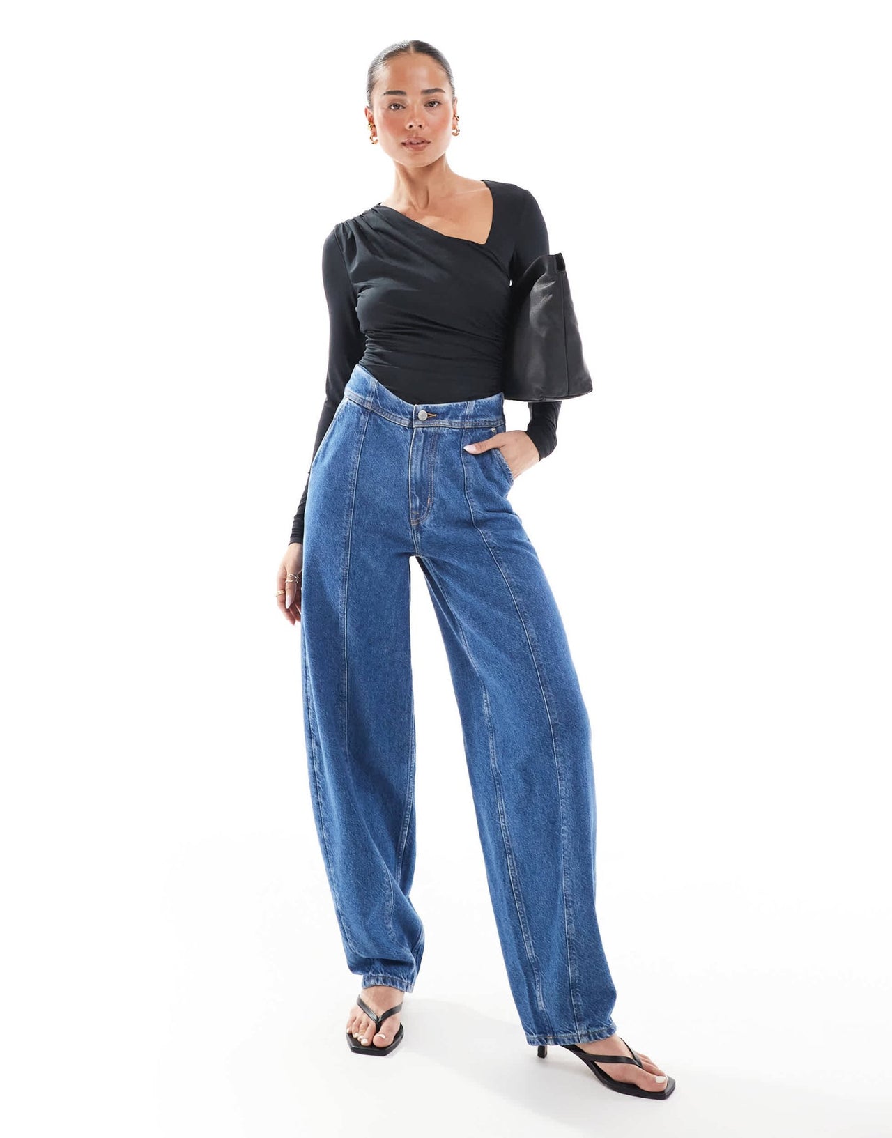 & Other Stories high waist tapered barrel leg jeans in mid blue - ASOS Sample Sale