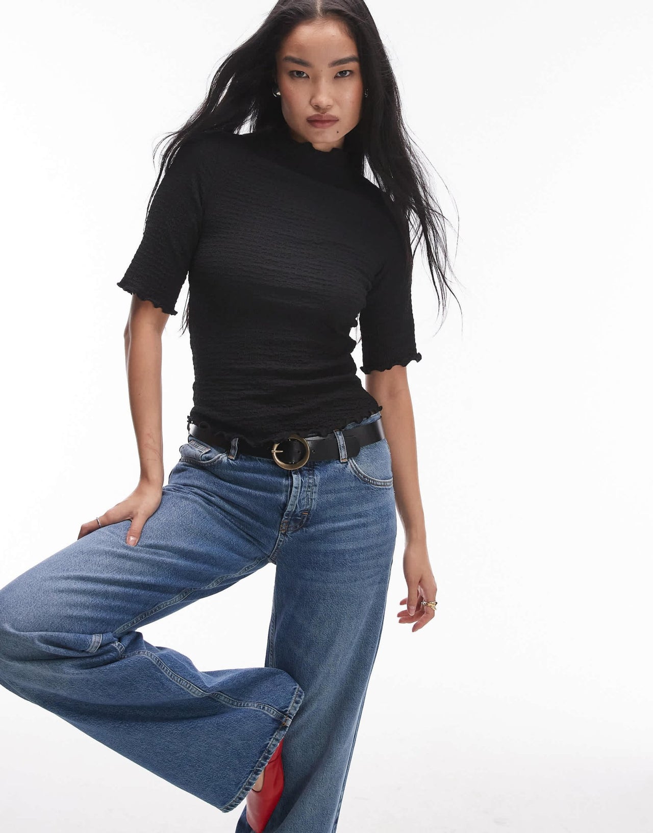 & Other Stories jersey high neck top with elbow sleeves and raw edge in black - ASOS Sample Sale