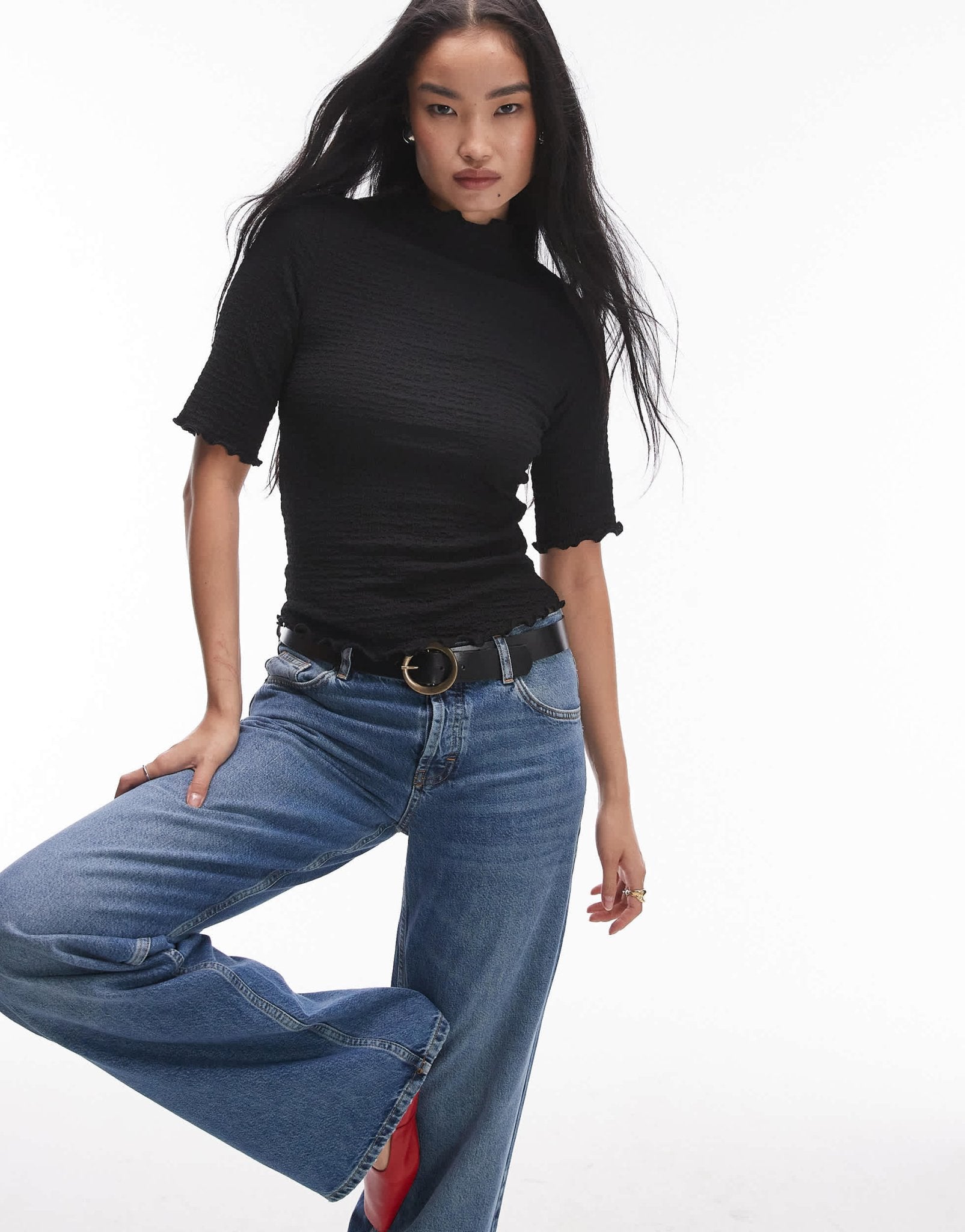 & Other Stories jersey high neck top with elbow sleeves and raw edge in black - ASOS Sample Sale