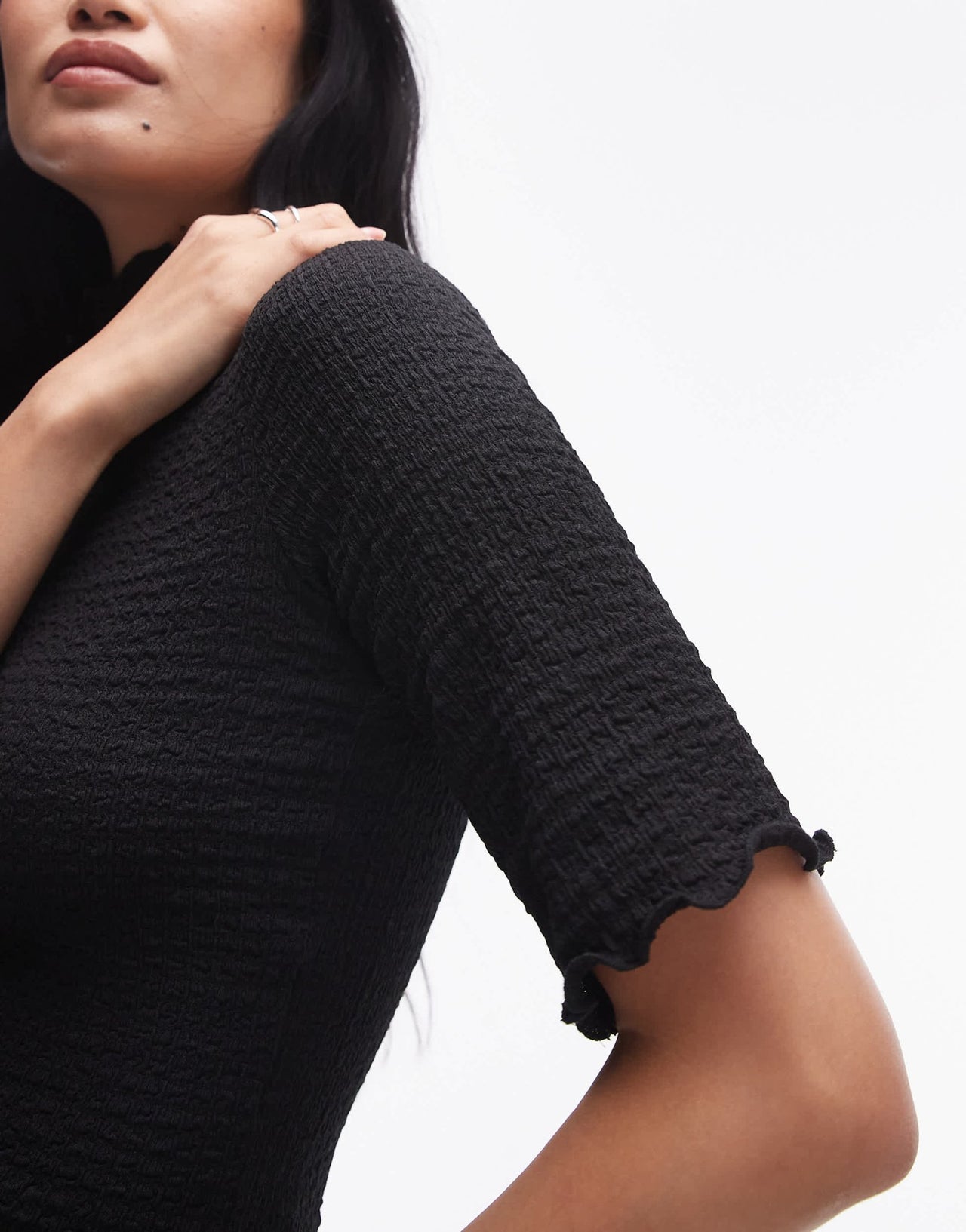 & Other Stories jersey high neck top with elbow sleeves and raw edge in black - ASOS Sample Sale