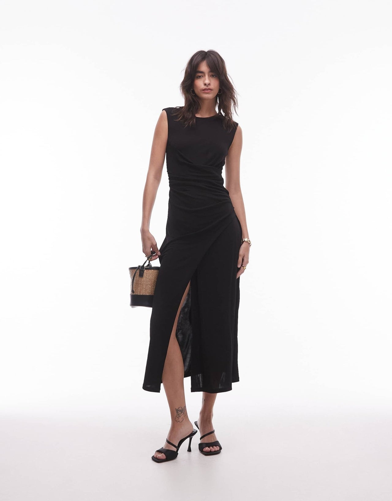 & Other Stories jersey midaxi dress with drape detail and asymmetric wrap front in black - ASOS Sample Sale