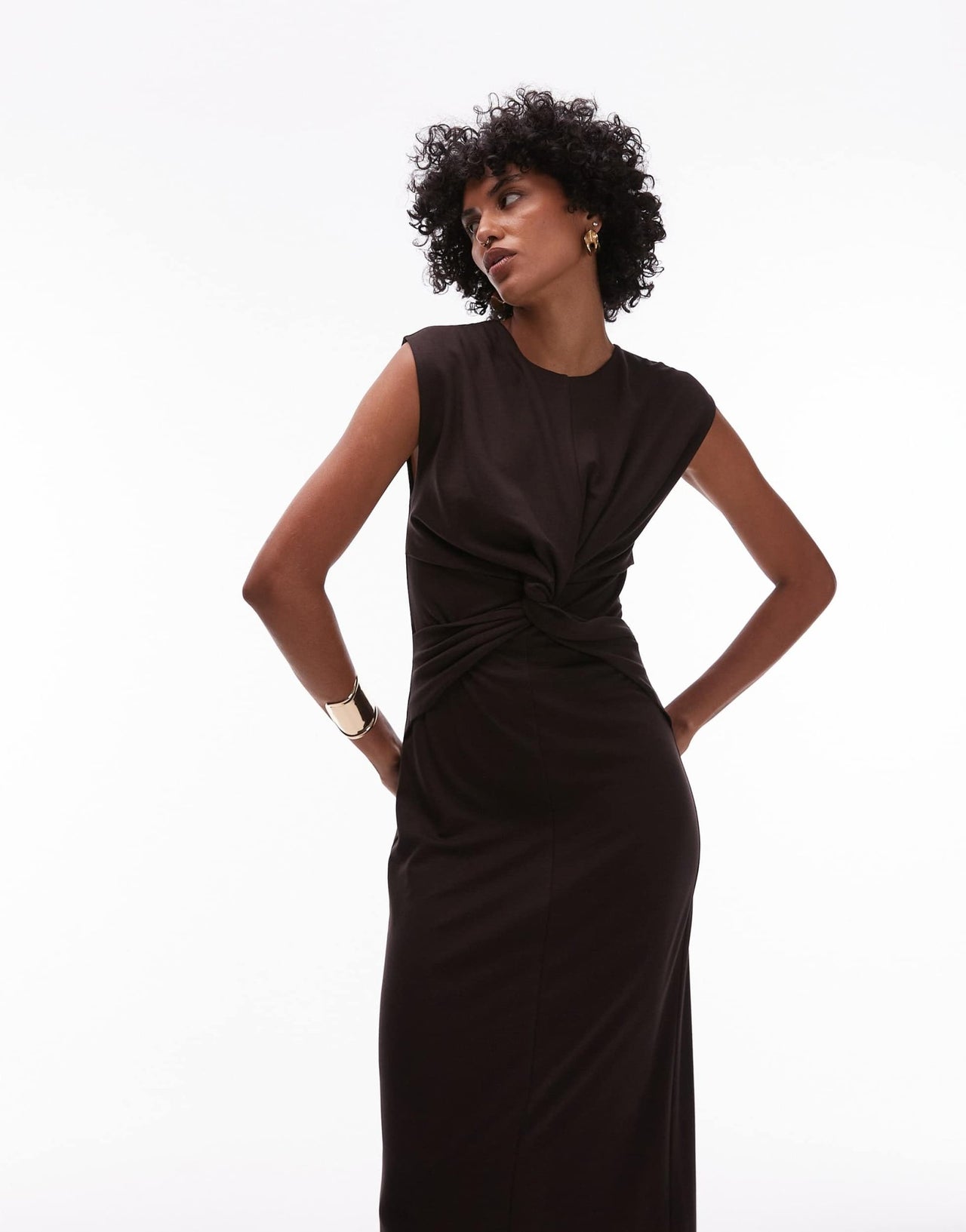 & Other Stories jersey midaxi dress with twist front detail in brown - ASOS Sample Sale