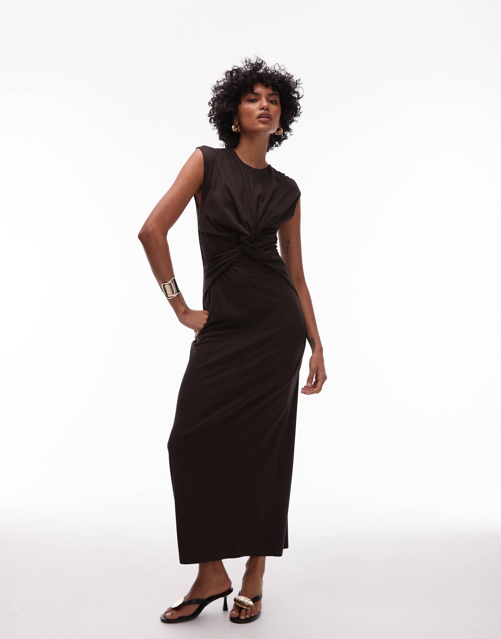 & Other Stories jersey midaxi dress with twist front detail in brown - ASOS Sample Sale