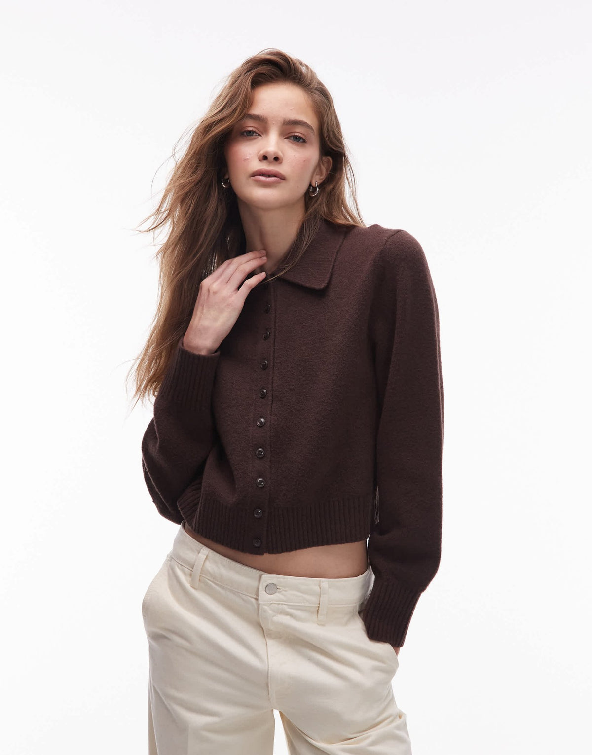 & Other Stories knitted cardigan with collar and button front in brown - ASOS Sample Sale