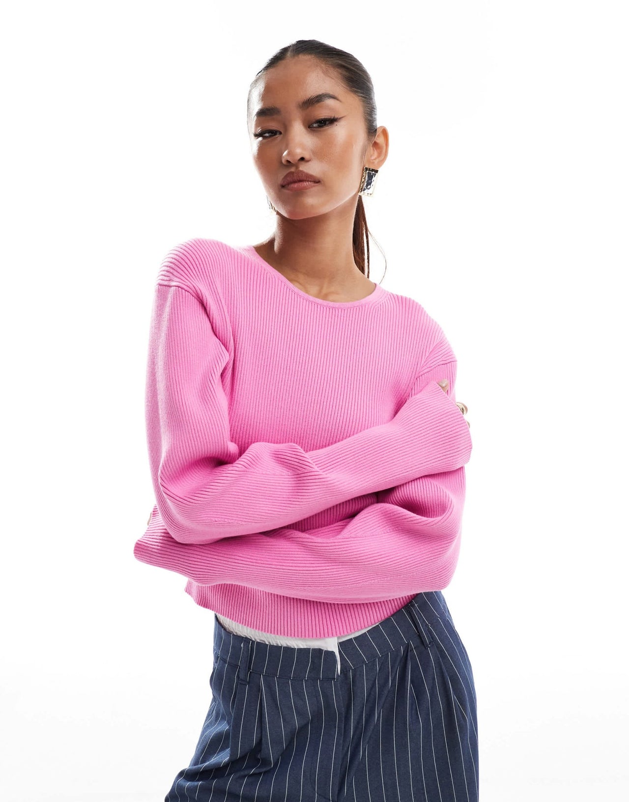 & Other Stories knitted fitted sweater with sculptural sleeves in pink - ASOS Sample Sale