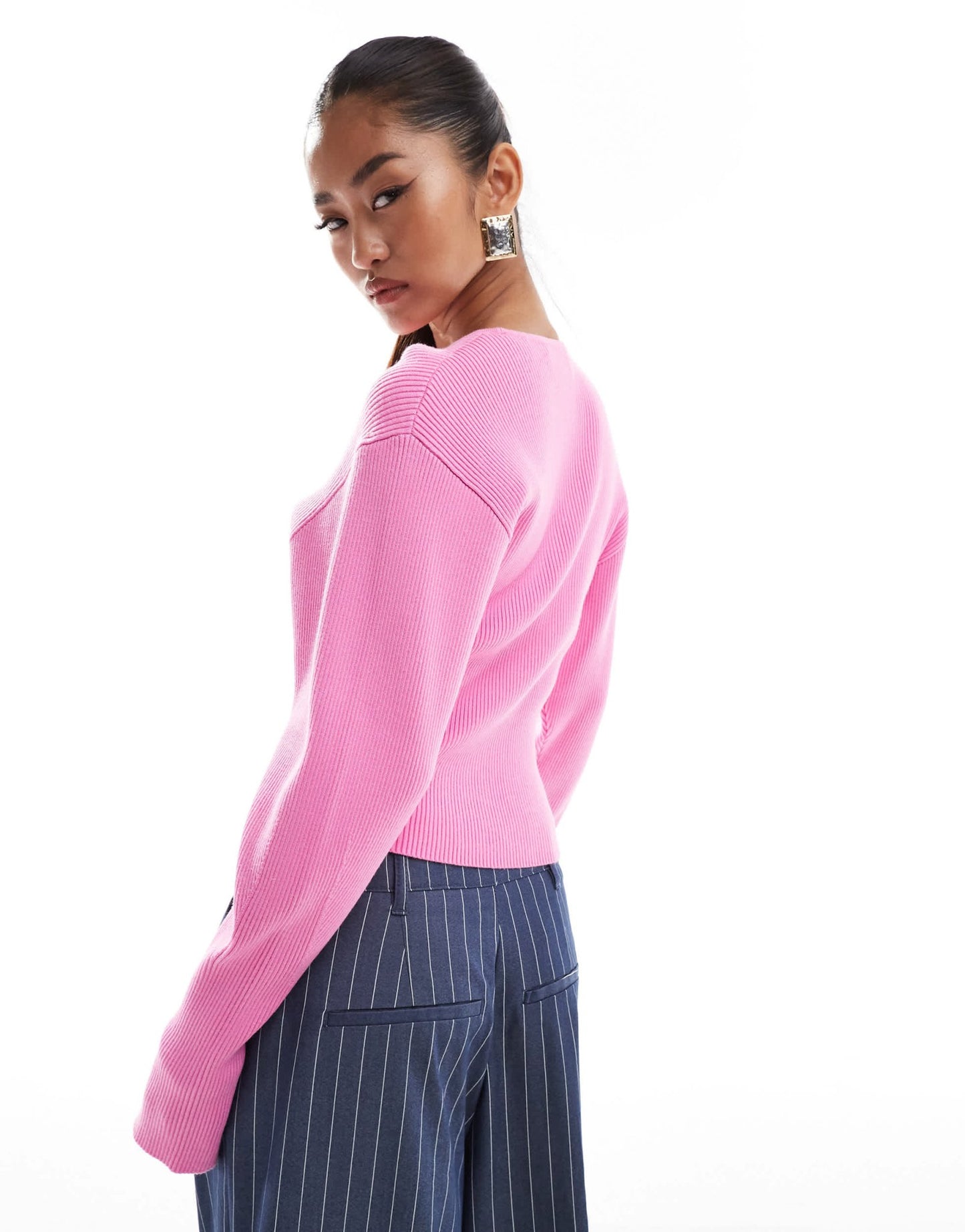 & Other Stories knitted fitted sweater with sculptural sleeves in pink - ASOS Sample Sale