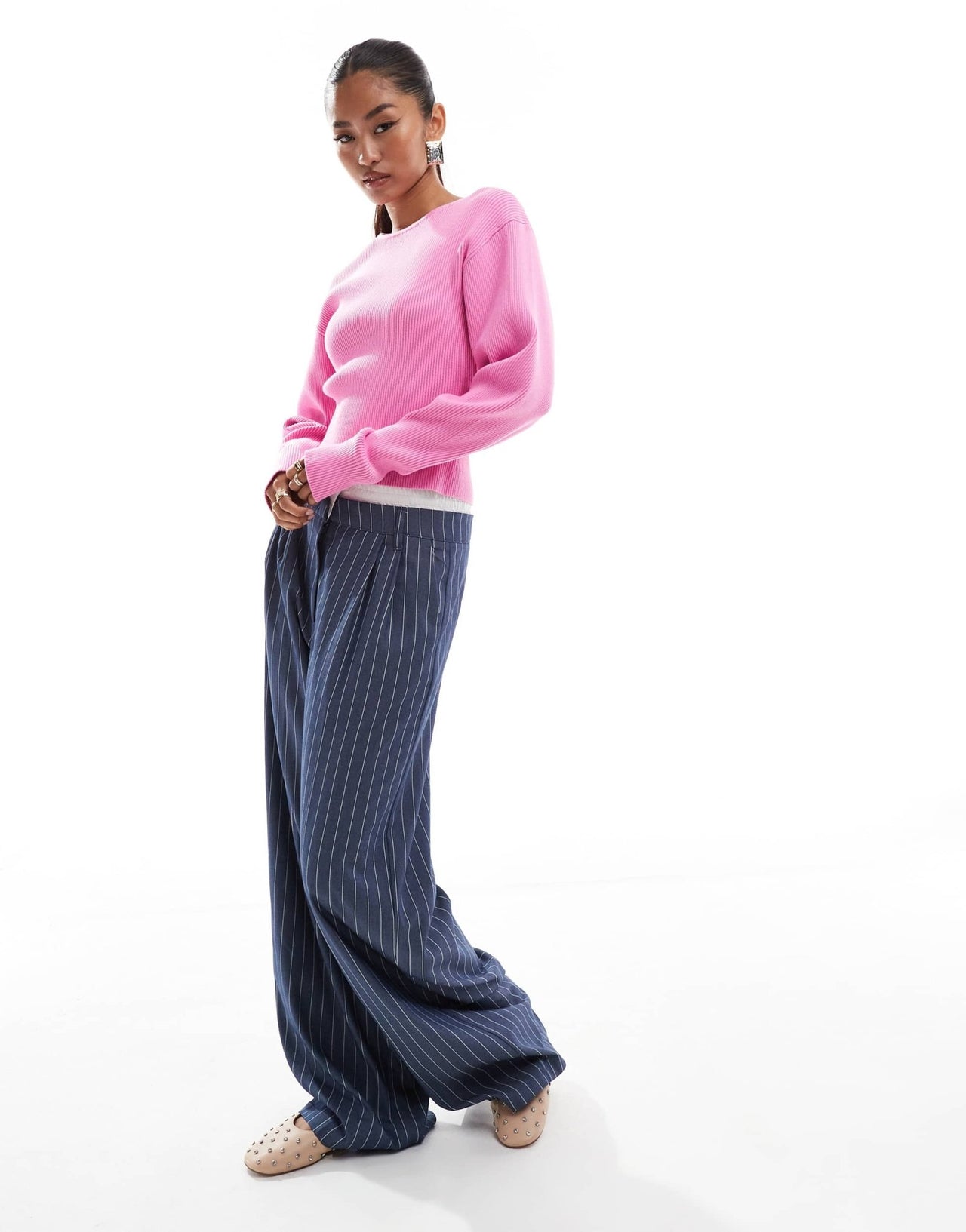 & Other Stories knitted fitted sweater with sculptural sleeves in pink - ASOS Sample Sale