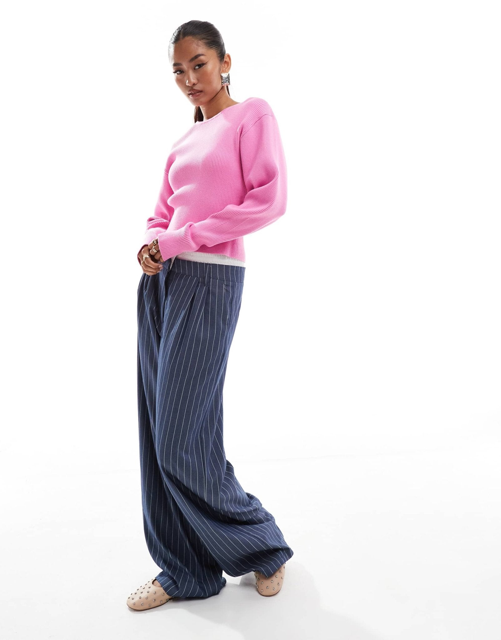 & Other Stories knitted fitted sweater with sculptural sleeves in pink - ASOS Sample Sale