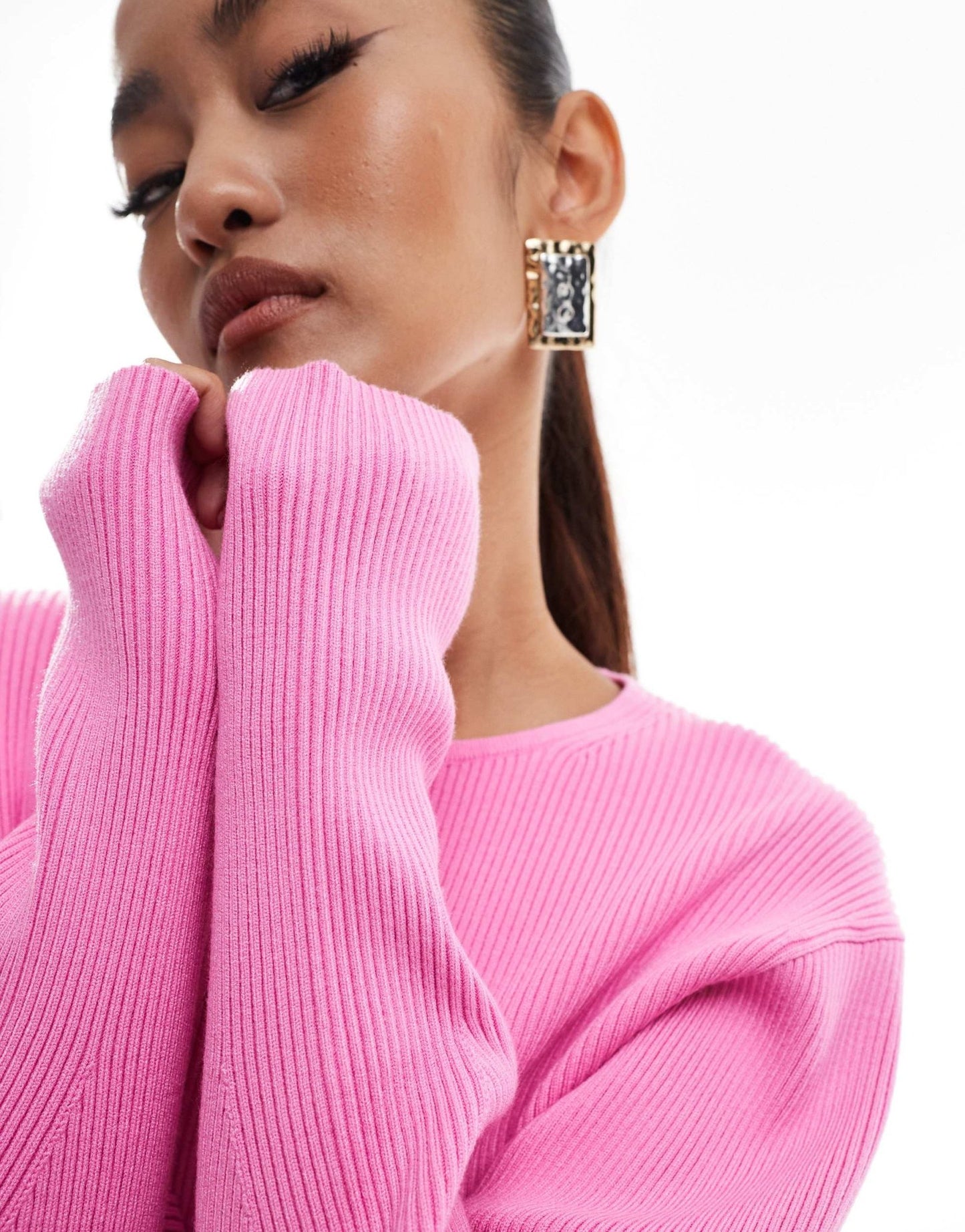 & Other Stories knitted fitted sweater with sculptural sleeves in pink - ASOS Sample Sale