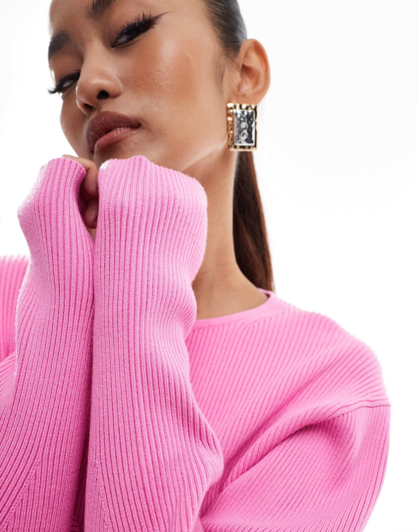 & Other Stories knitted fitted sweater with sculptural sleeves in pink - ASOS Sample Sale