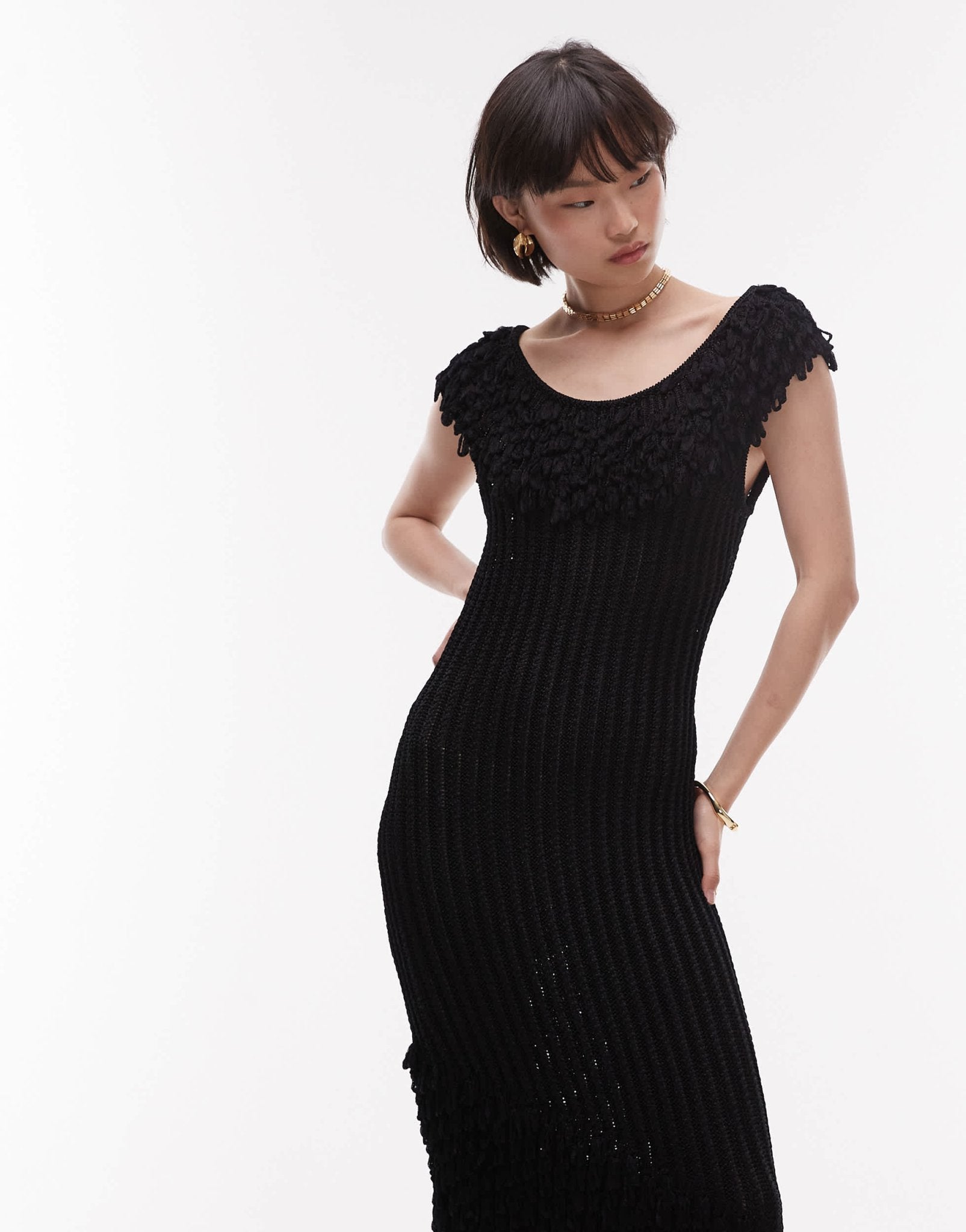 & Other Stories knitted midi dress with fringed neckline and hem in black - ASOS Sample Sale