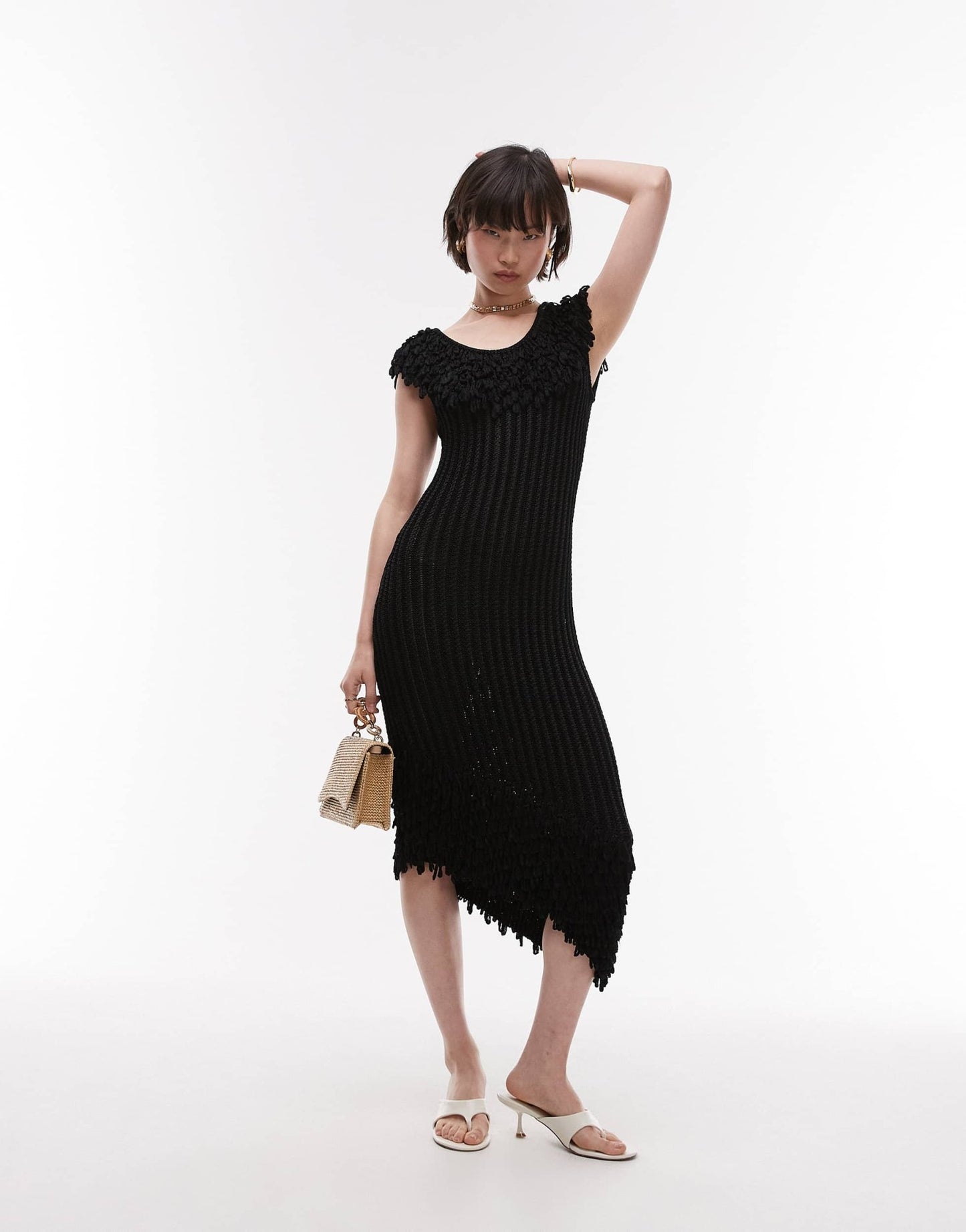 & Other Stories knitted midi dress with fringed neckline and hem in black - ASOS Sample Sale
