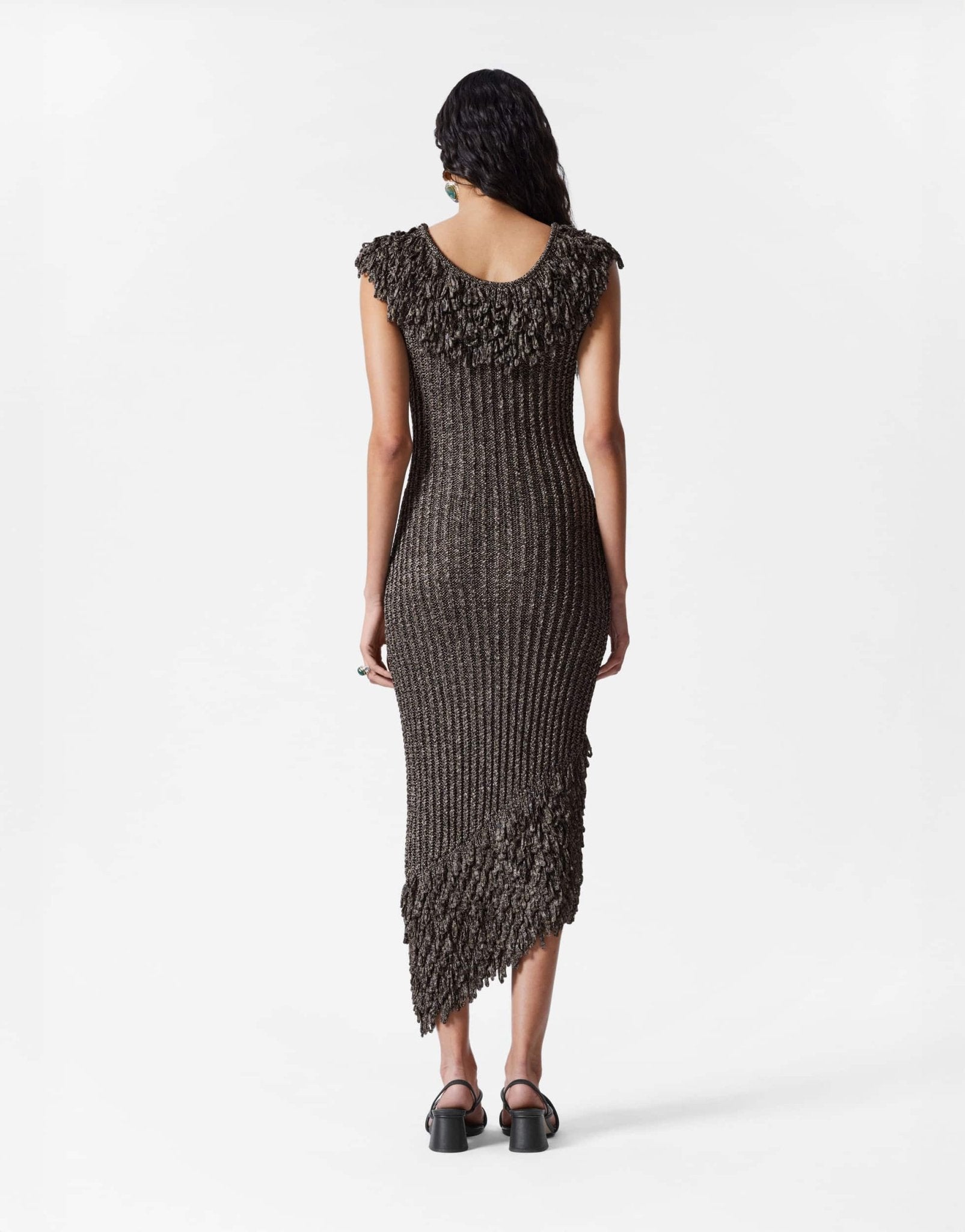 & Other Stories knitted midi dress with fringed neckline and hem in metallic grey - ASOS Sample Sale