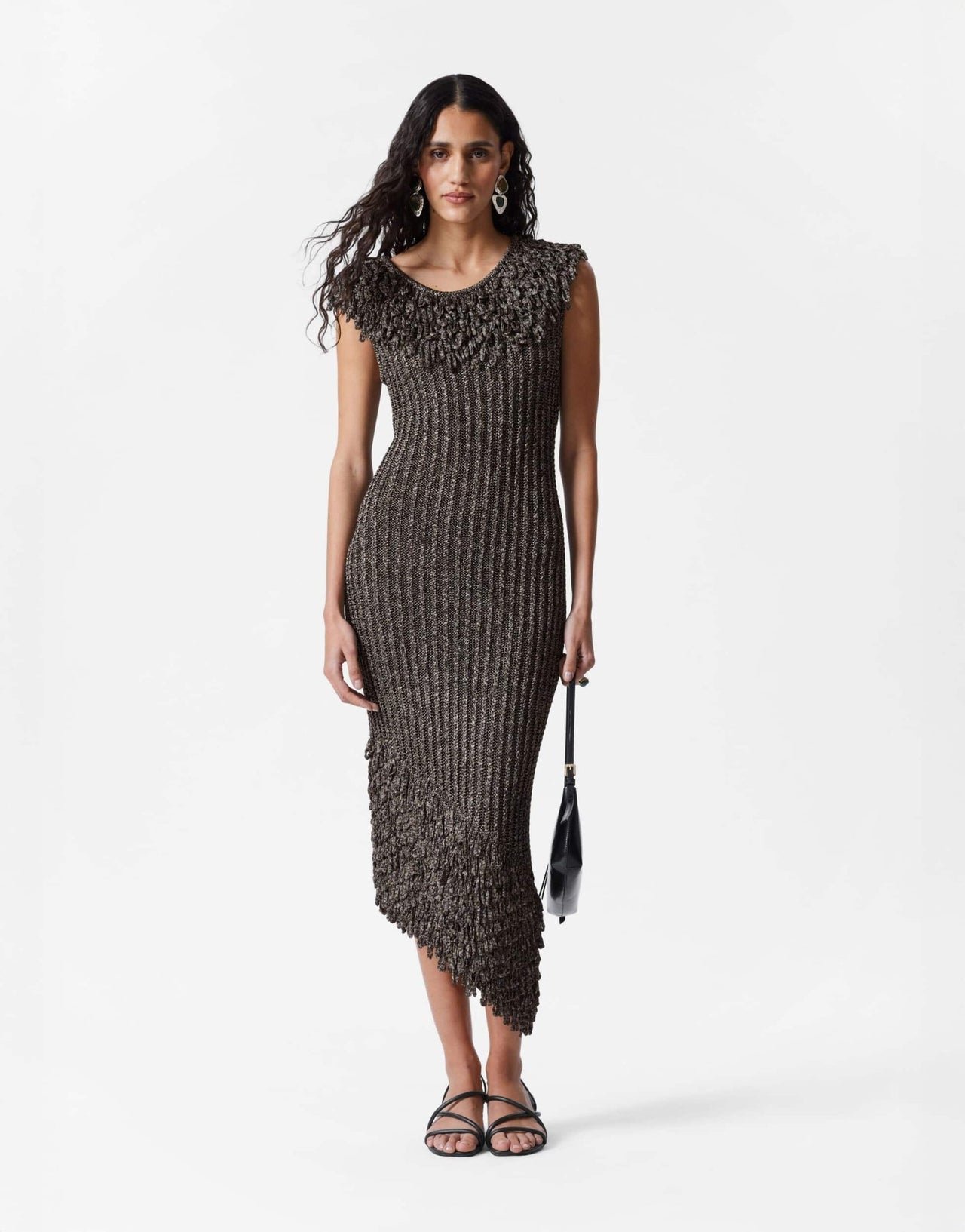 & Other Stories knitted midi dress with fringed neckline and hem in metallic grey - ASOS Sample Sale