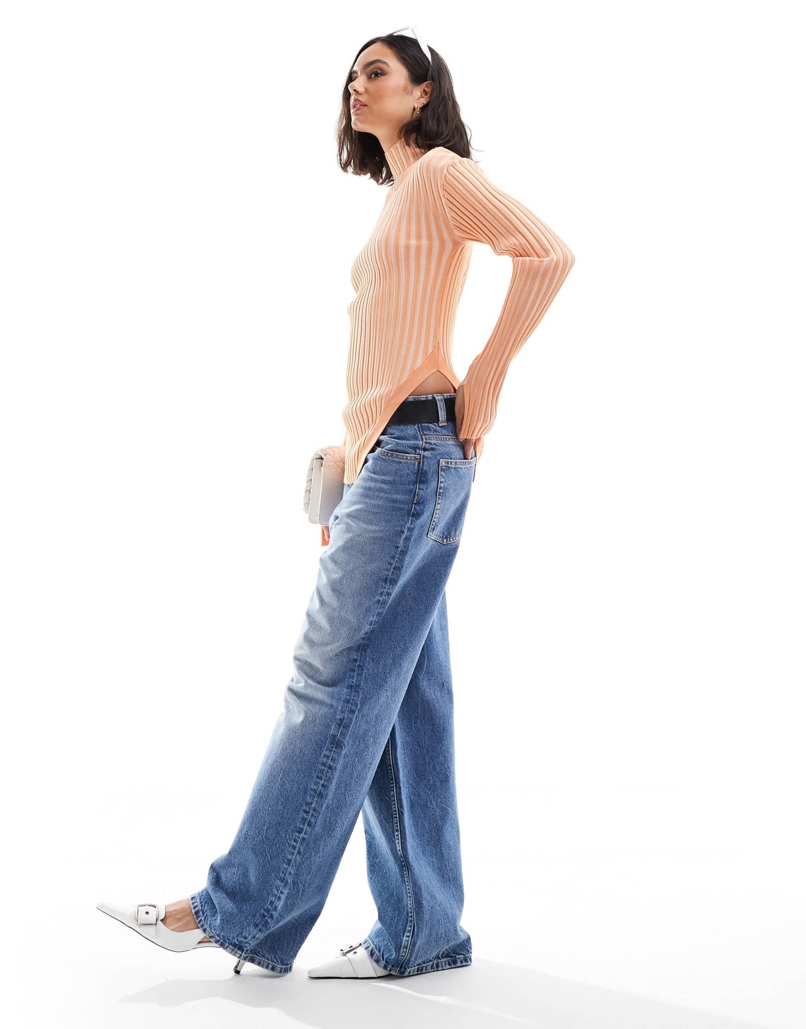 & Other Stories knitted rib fitted sweater with cut away hem detail in orange two tone - ASOS Sample Sale