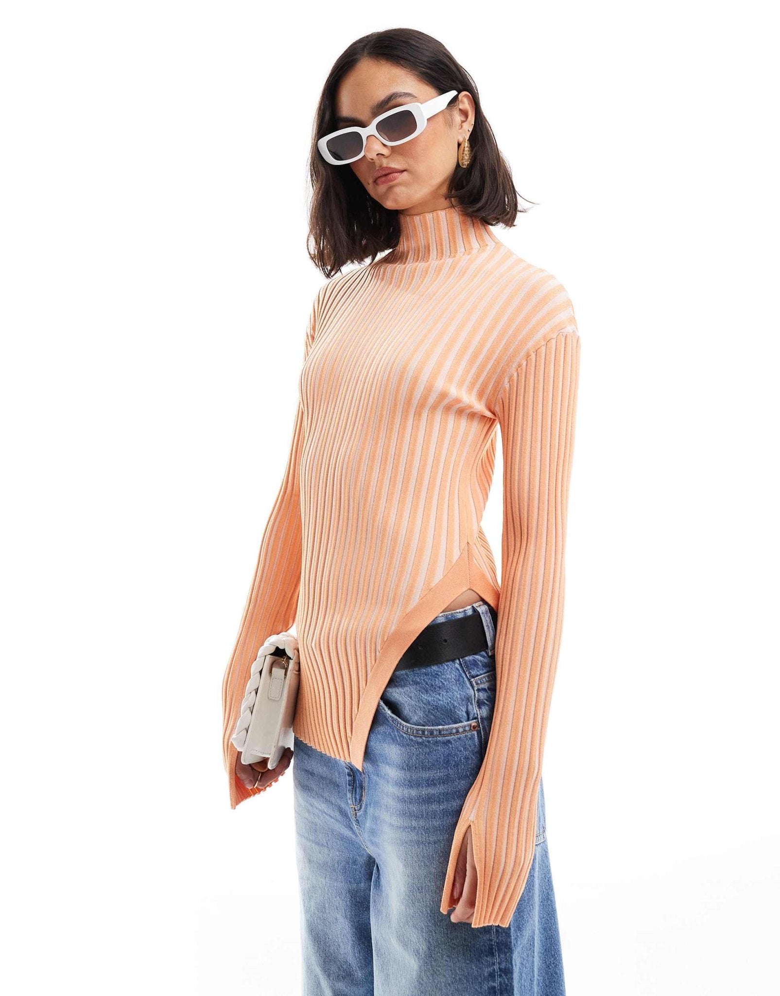 & Other Stories knitted rib fitted sweater with cut away hem detail in orange two tone - ASOS Sample Sale