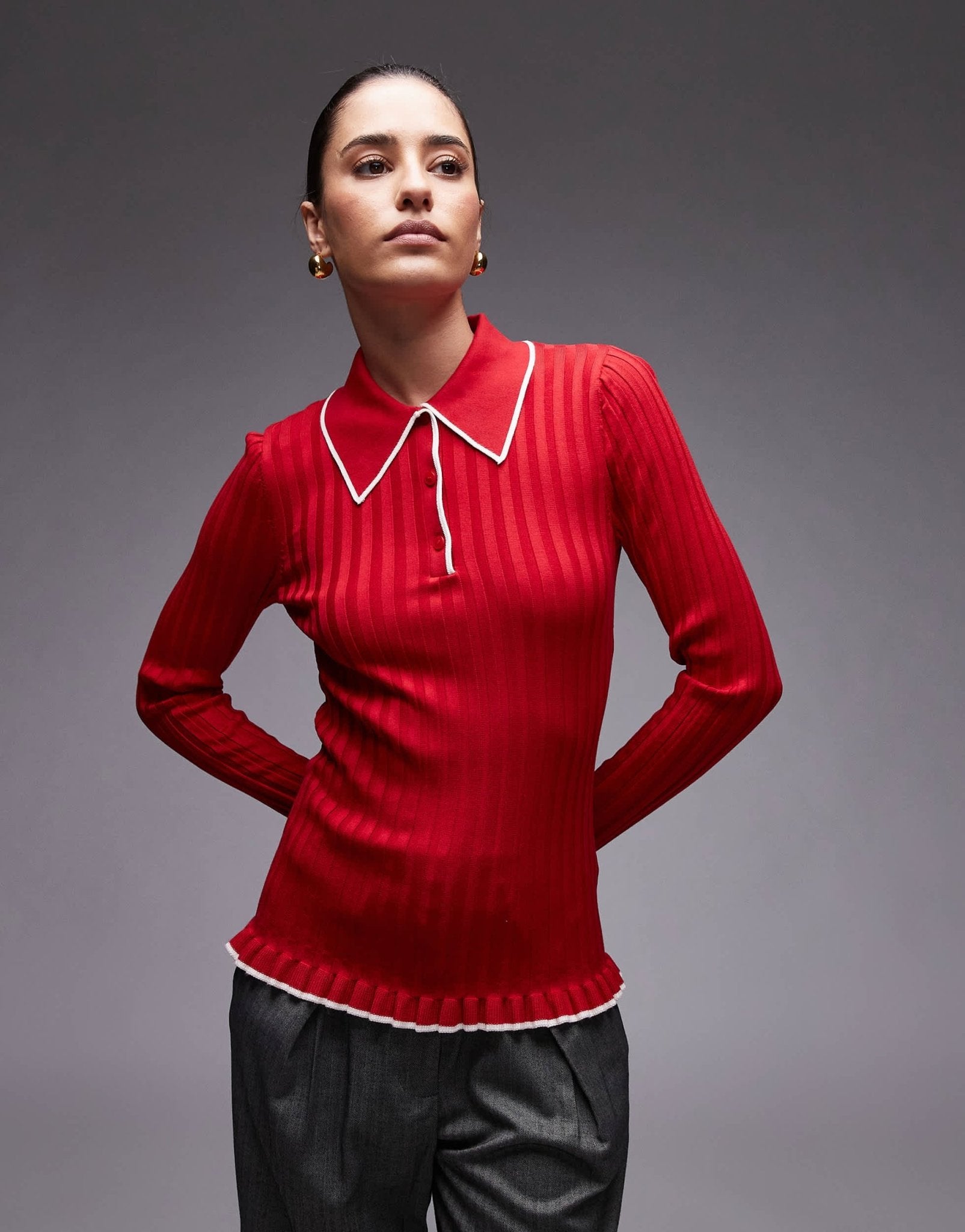 & Other Stories knitted rib polo top with long sleeves in red - ASOS Sample Sale