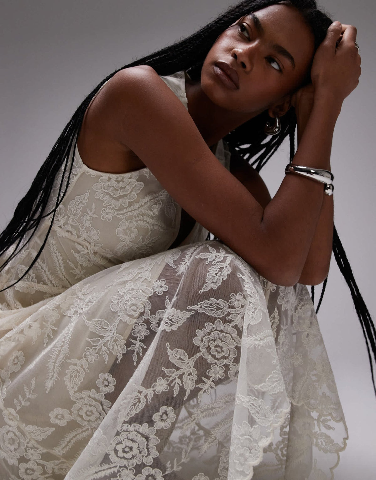 & Other Stories lace midaxi dress with drop waist and handkerchief hem in off white - ASOS Sample Sale