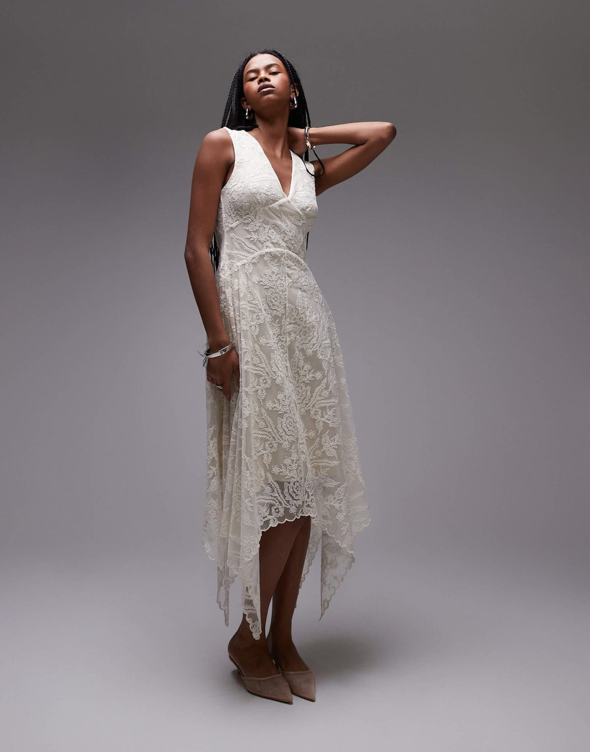 & Other Stories lace midaxi dress with drop waist and handkerchief hem in off white - ASOS Sample Sale