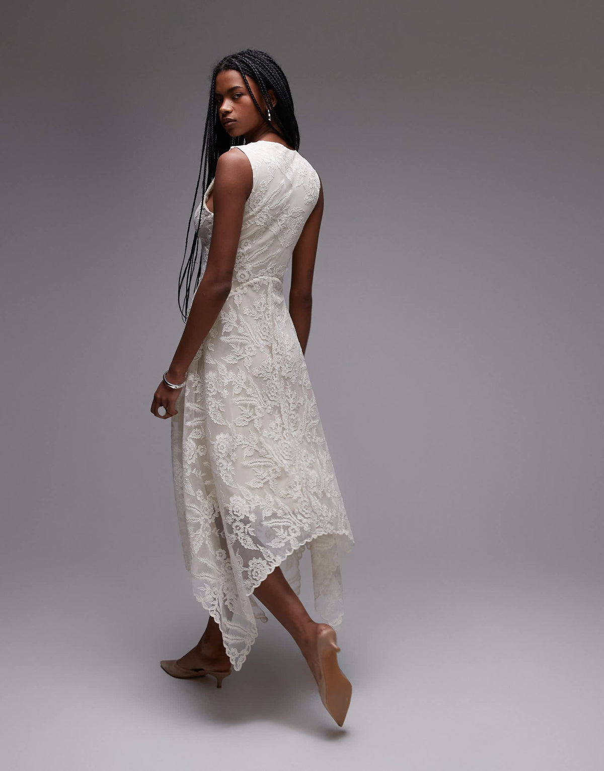 & Other Stories lace midaxi dress with drop waist and handkerchief hem in off white - ASOS Sample Sale