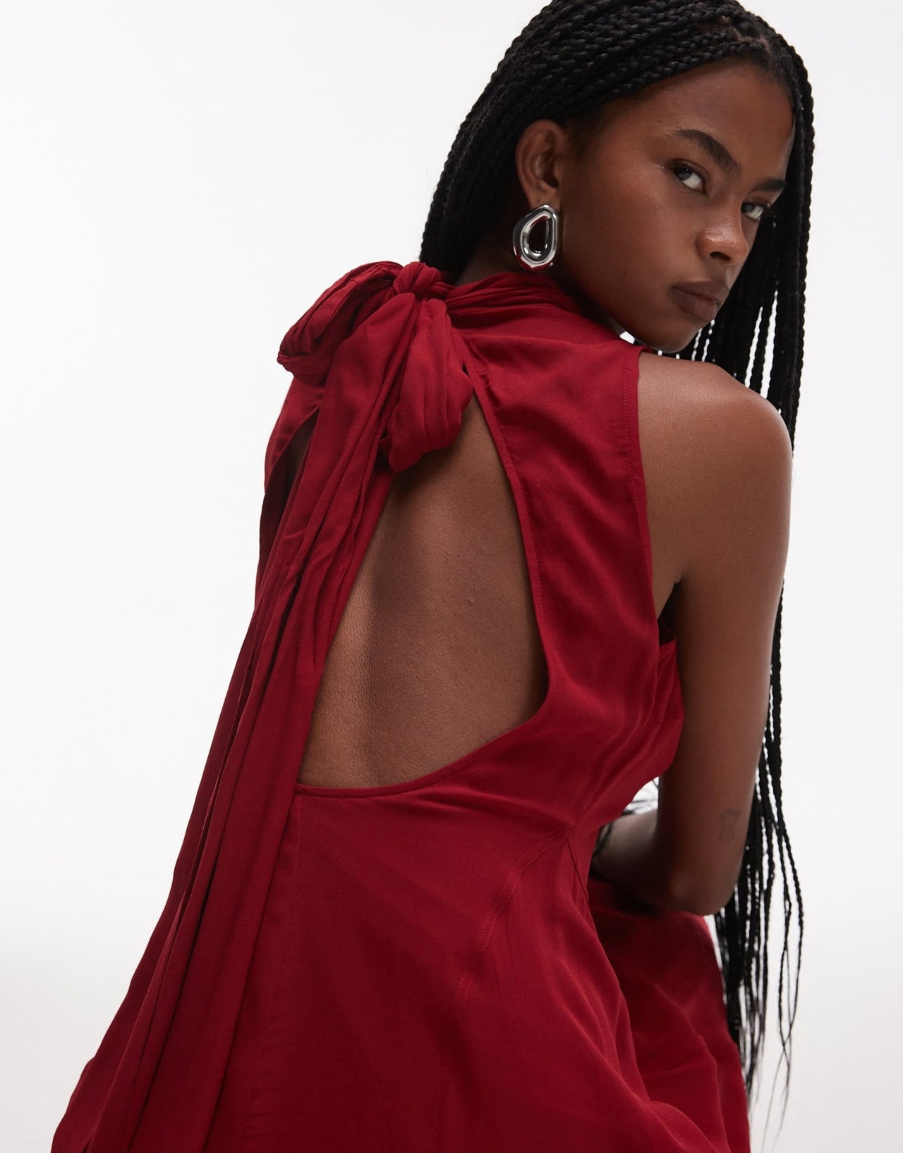 & Other Stories layered sheer chiffon midaxi dress with open tie back and handkerchief hem in red - ASOS Sample Sale