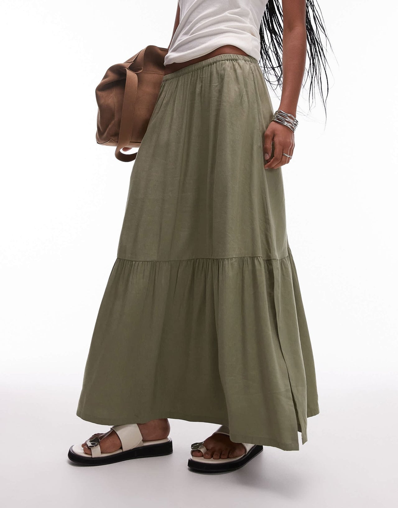 & Other Stories linen blend maxi skirt with tiered hem and side splits in khaki - ASOS Sample Sale