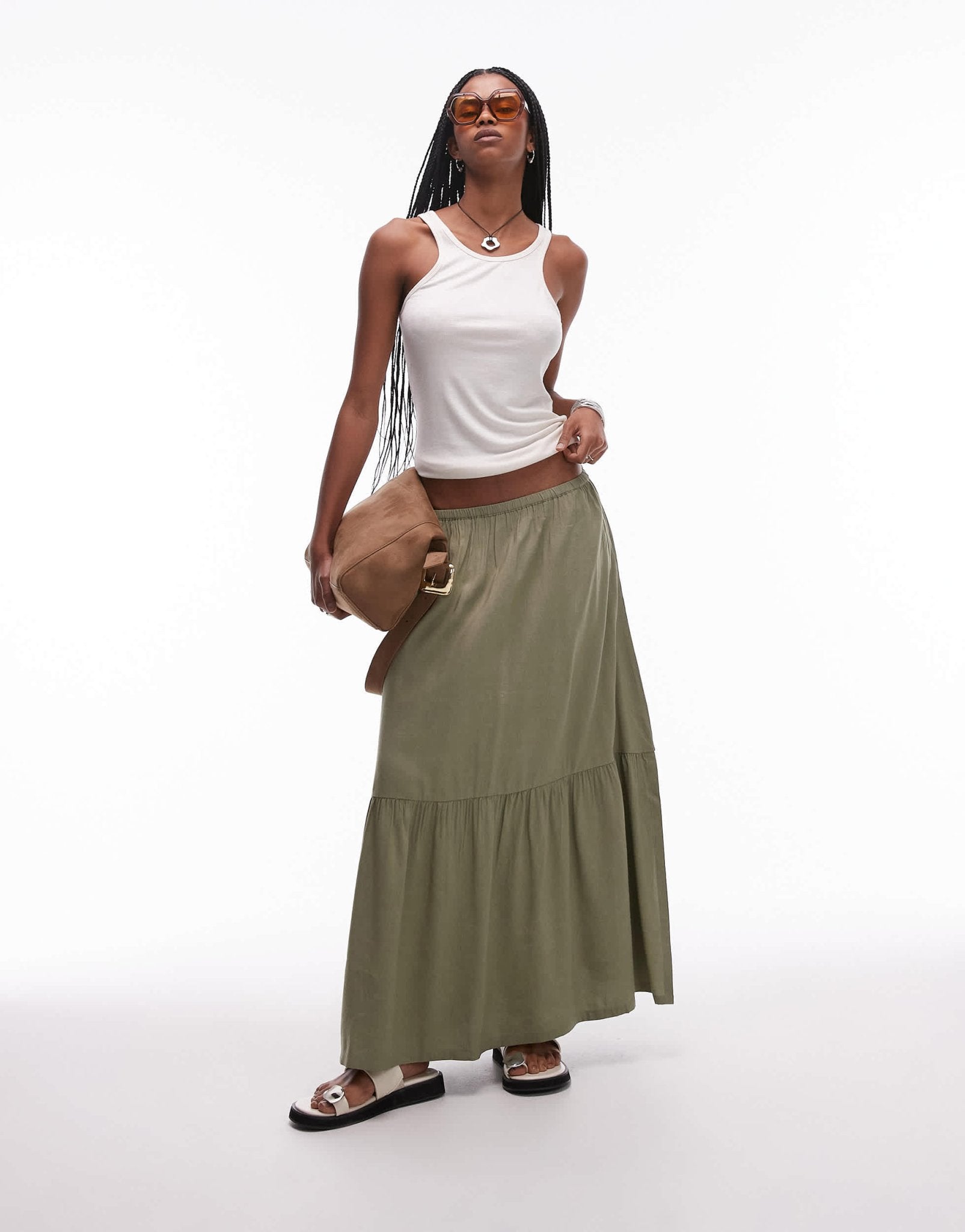 & Other Stories linen blend maxi skirt with tiered hem and side splits in khaki - ASOS Sample Sale
