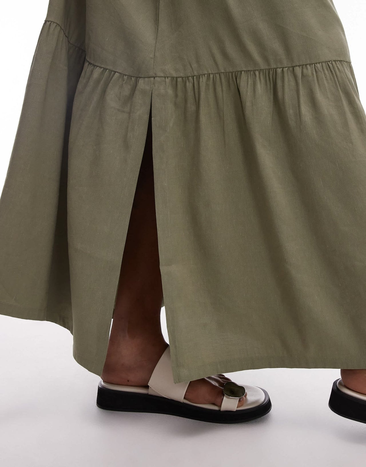& Other Stories linen blend maxi skirt with tiered hem and side splits in khaki - ASOS Sample Sale