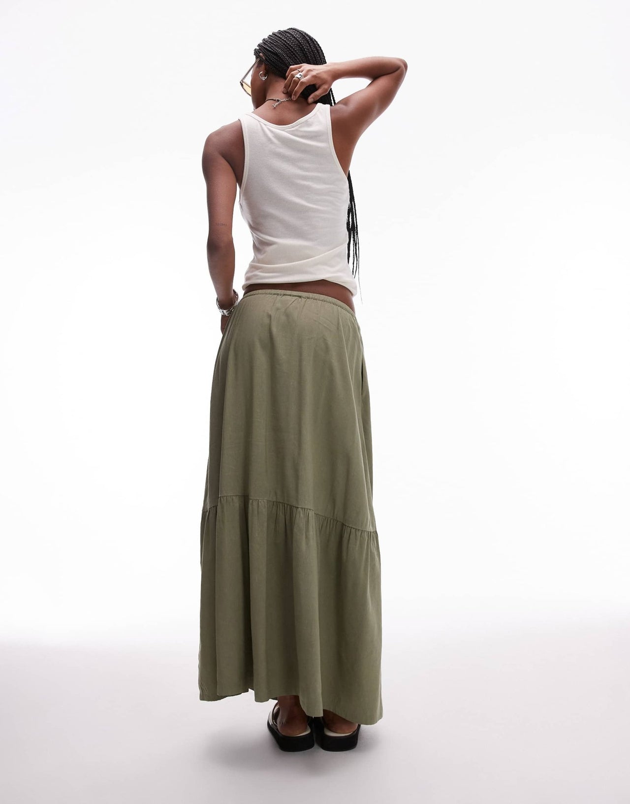 & Other Stories linen blend maxi skirt with tiered hem and side splits in khaki - ASOS Sample Sale