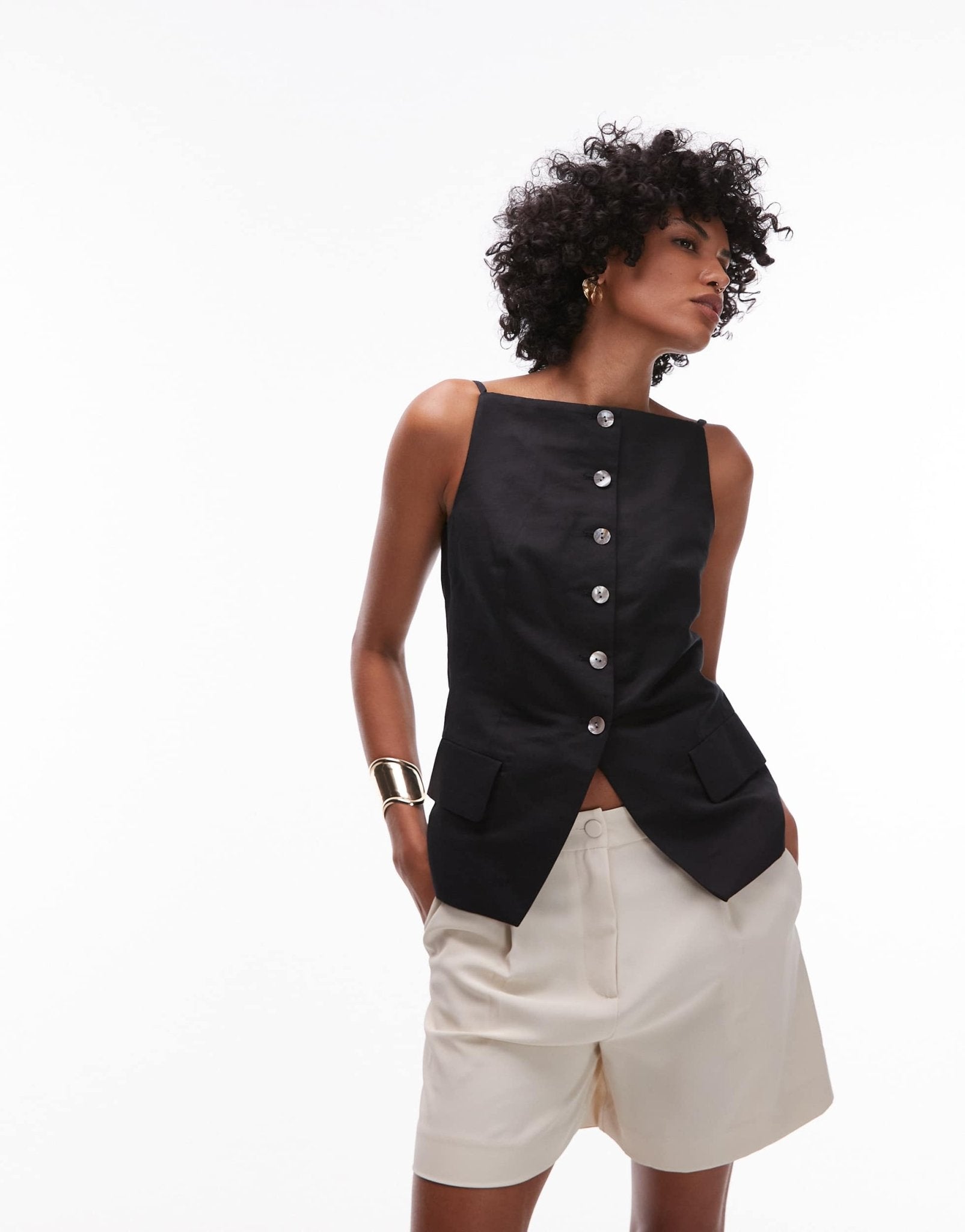 & Other Stories linen blend square neck waistcoat top in black - ASOS Sample Sale