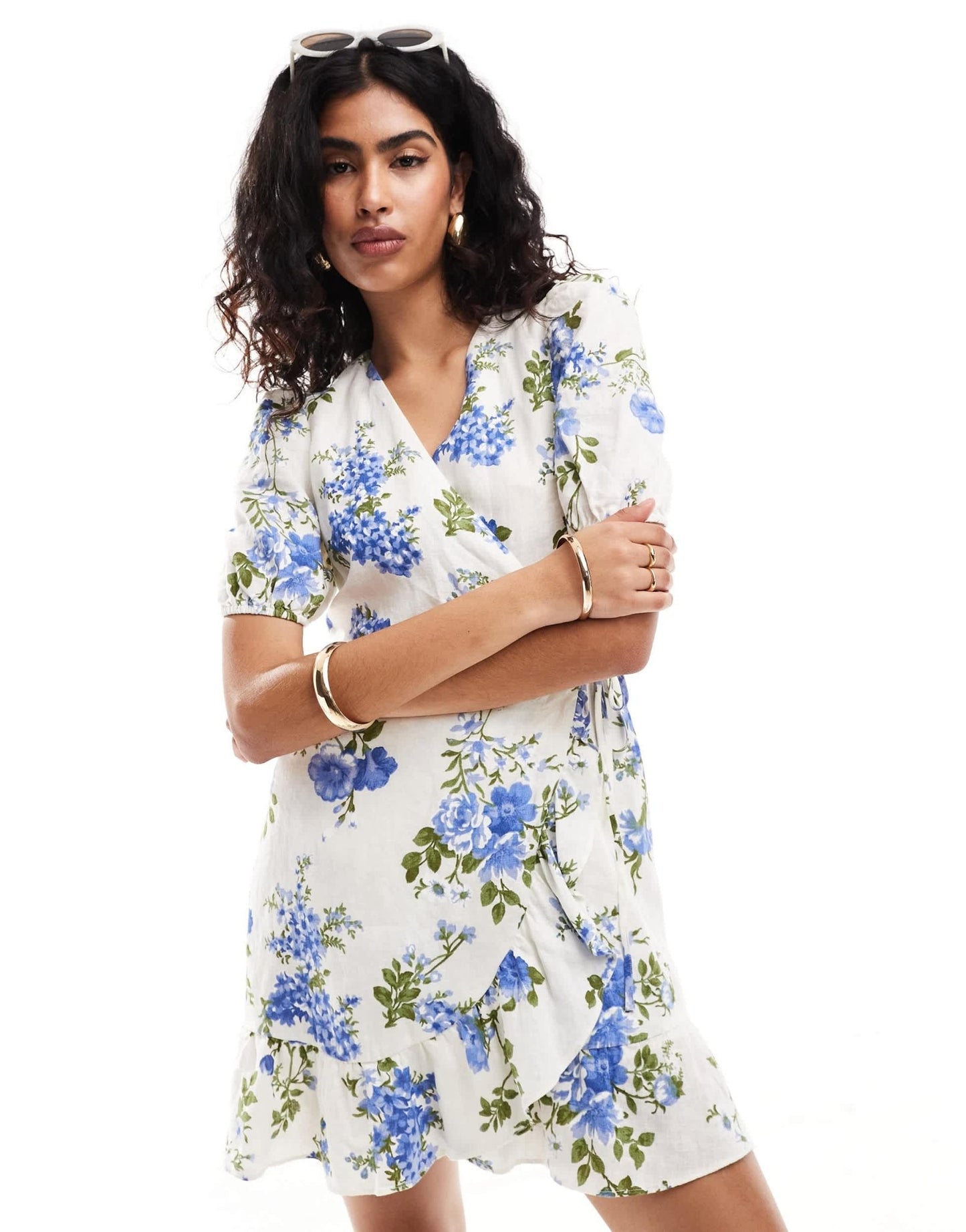 & Other Stories linen mini dress with wrap front and puff sleeves in blue floral print - ASOS Sample Sale