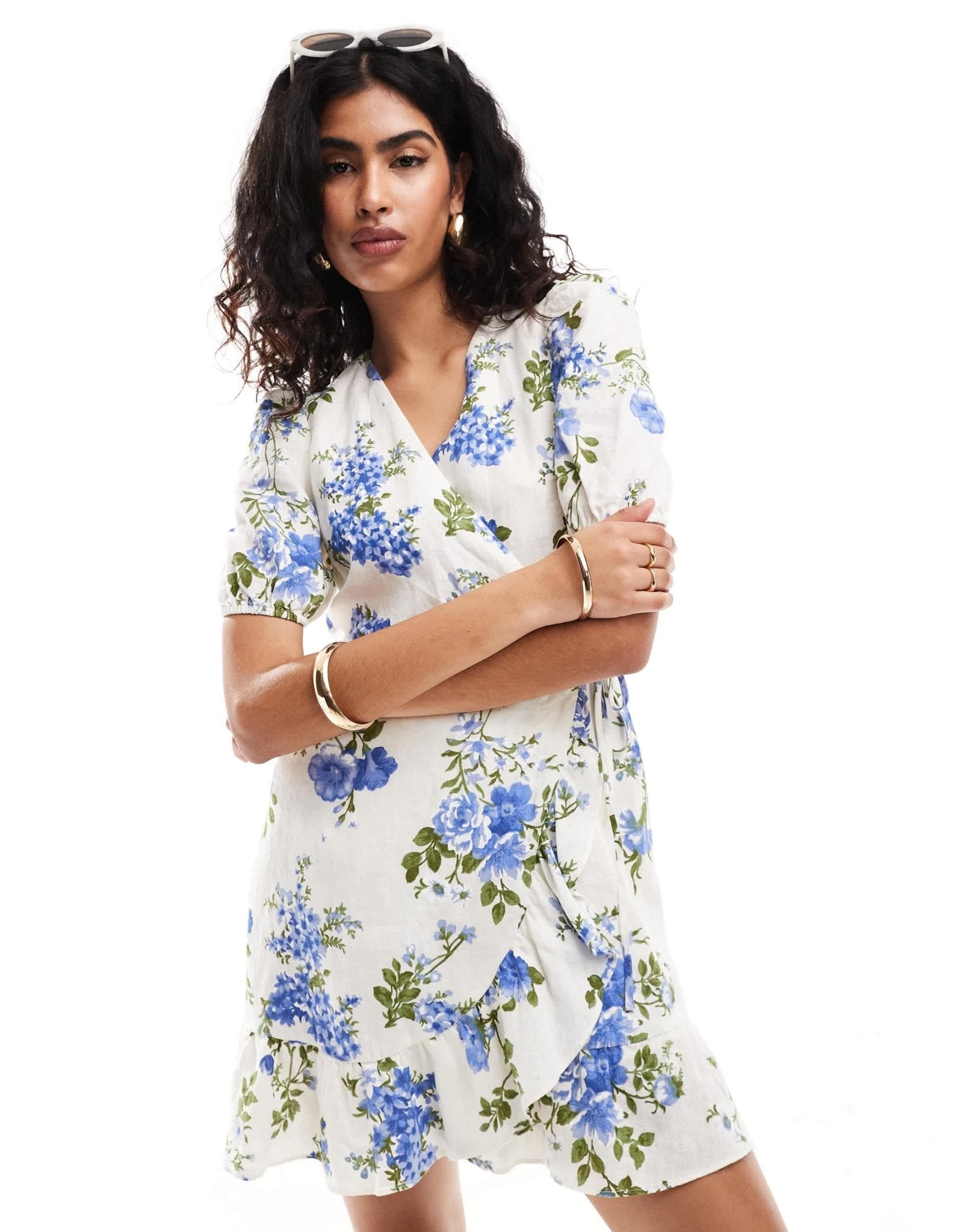 & Other Stories linen mini dress with wrap front and puff sleeves in blue floral print - ASOS Sample Sale