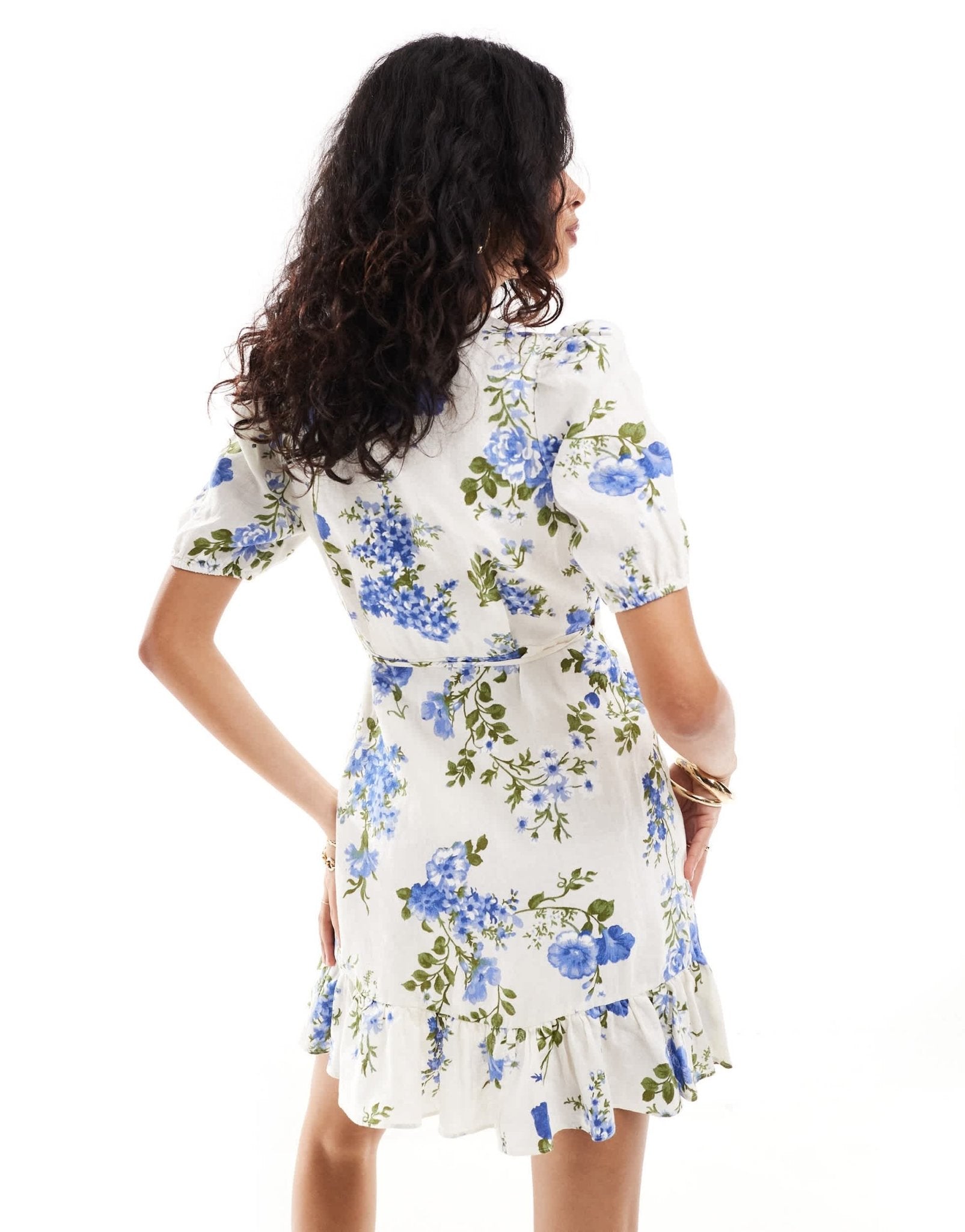 & Other Stories linen mini dress with wrap front and puff sleeves in blue floral print - ASOS Sample Sale