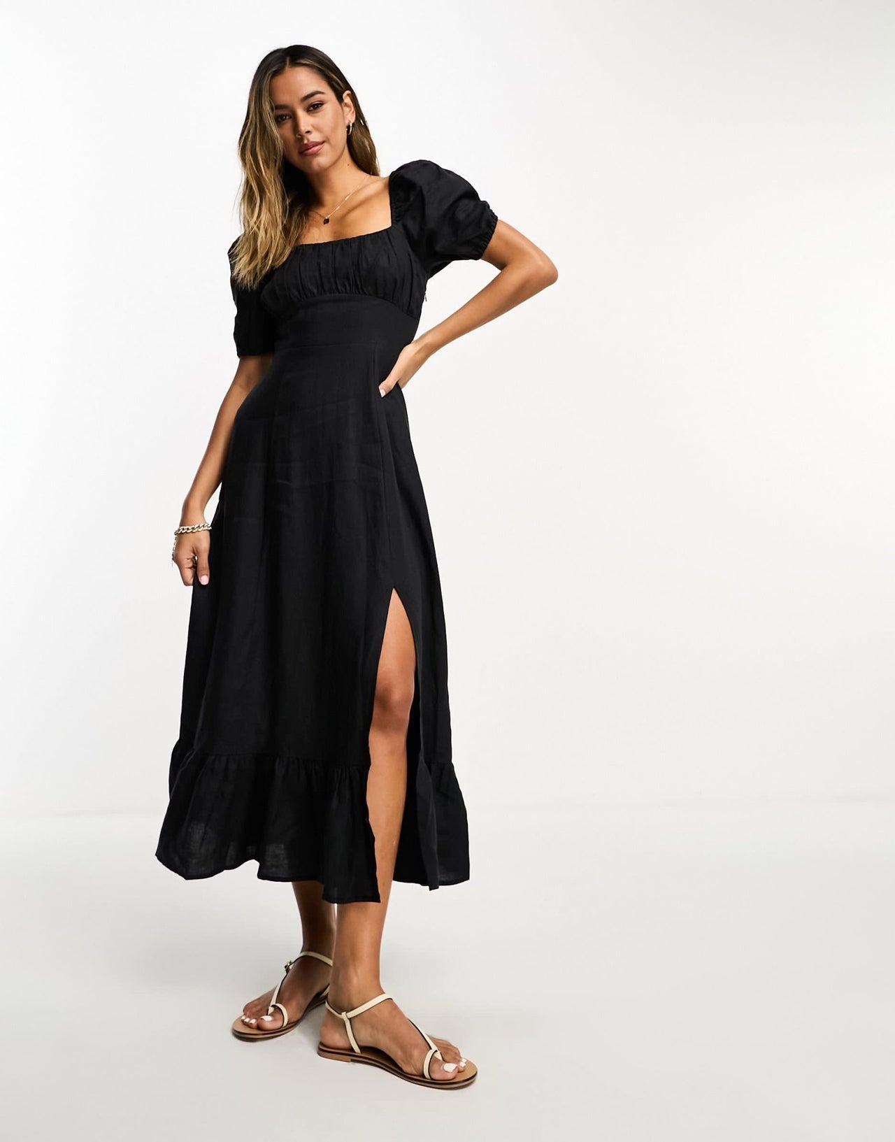 & Other Stories linen puff sleeve midaxi dress with split in black - ASOS Sample Sale
