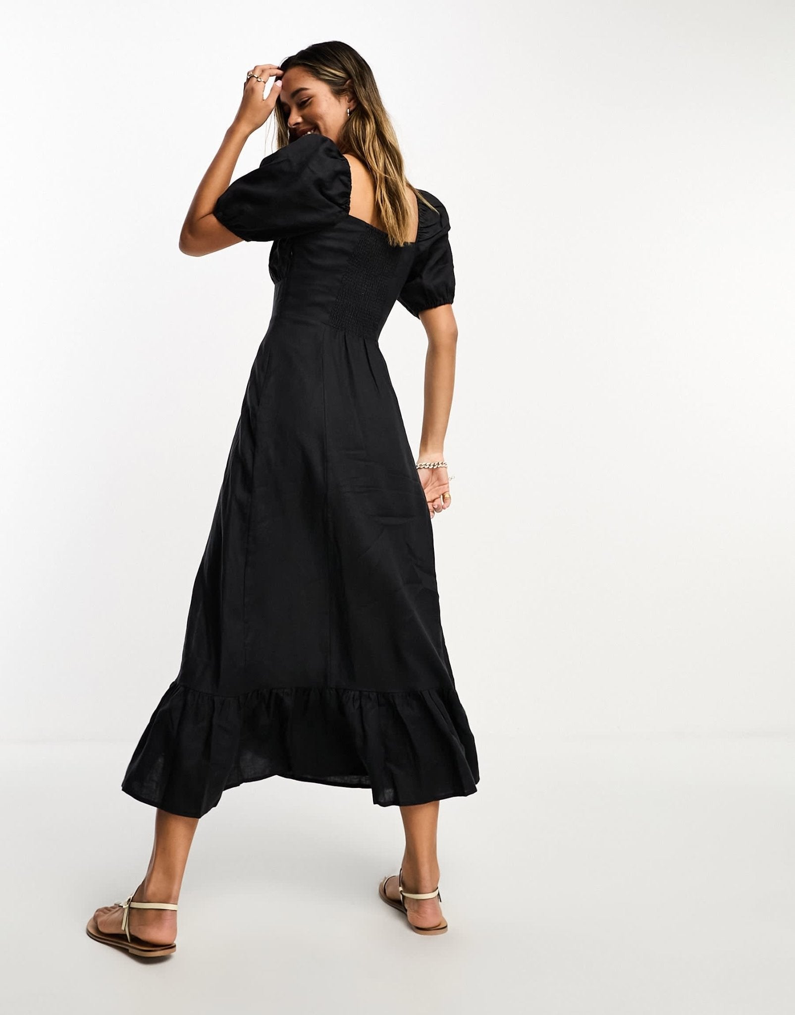 & Other Stories linen puff sleeve midaxi dress with split in black - ASOS Sample Sale
