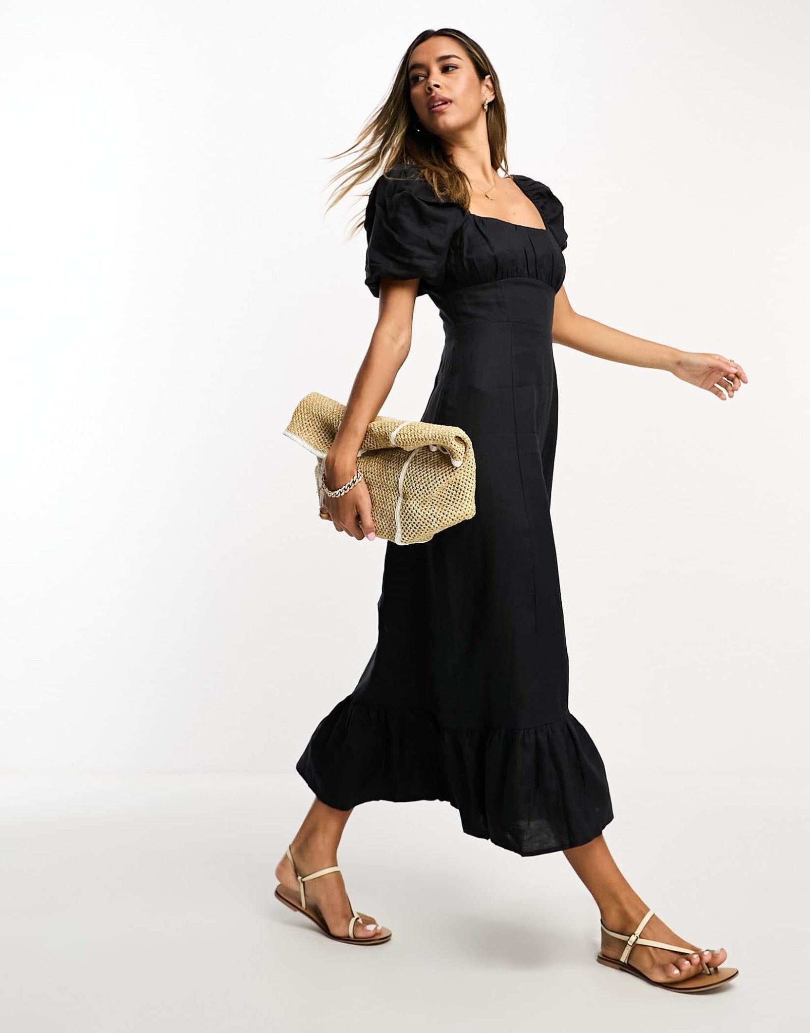 & Other Stories linen puff sleeve midaxi dress with split in black - ASOS Sample Sale