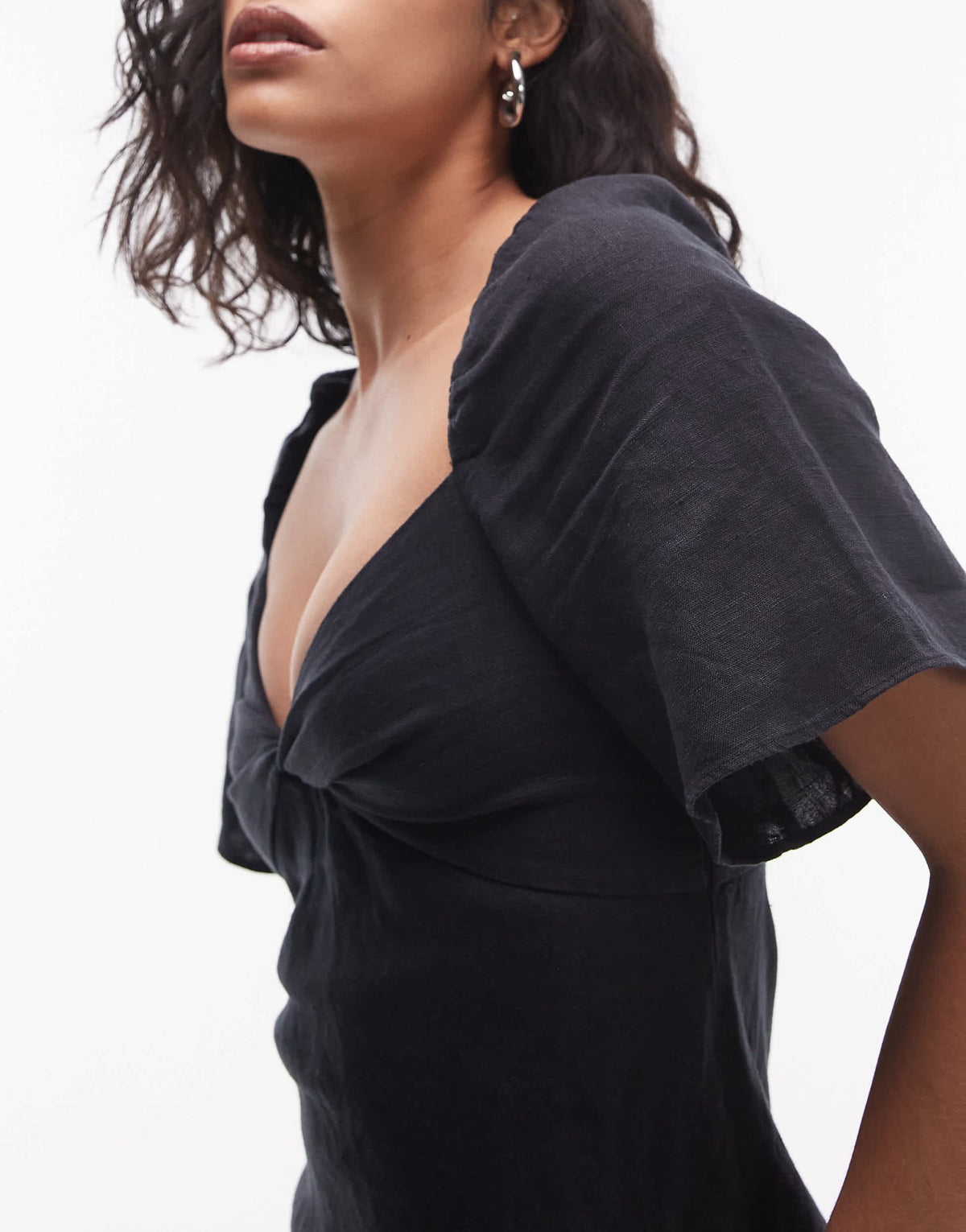 & Other Stories linen puff sleeve midaxi dress with twist sweetheart neckline in black - ASOS Sample Sale