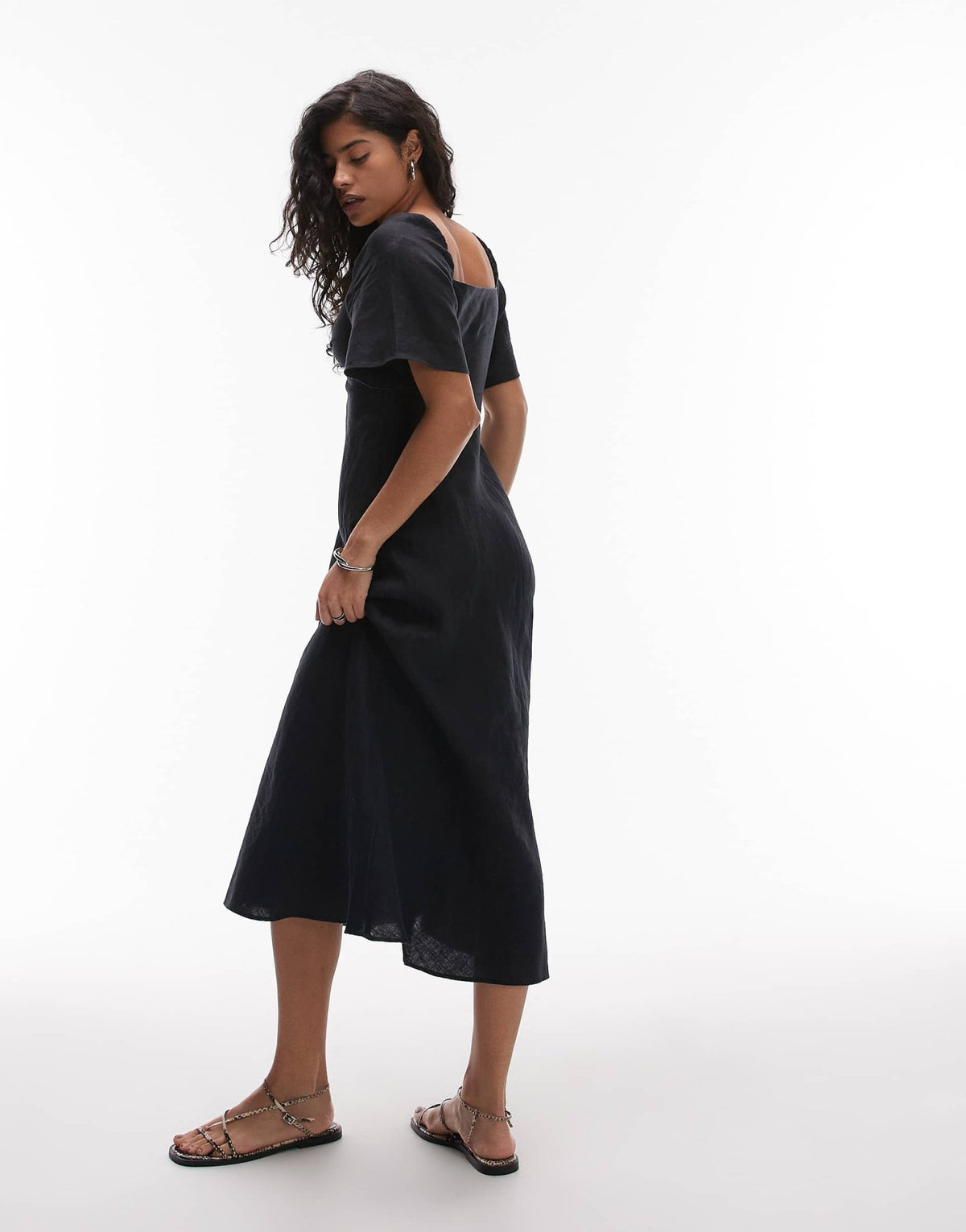 & Other Stories linen puff sleeve midaxi dress with twist sweetheart neckline in black - ASOS Sample Sale